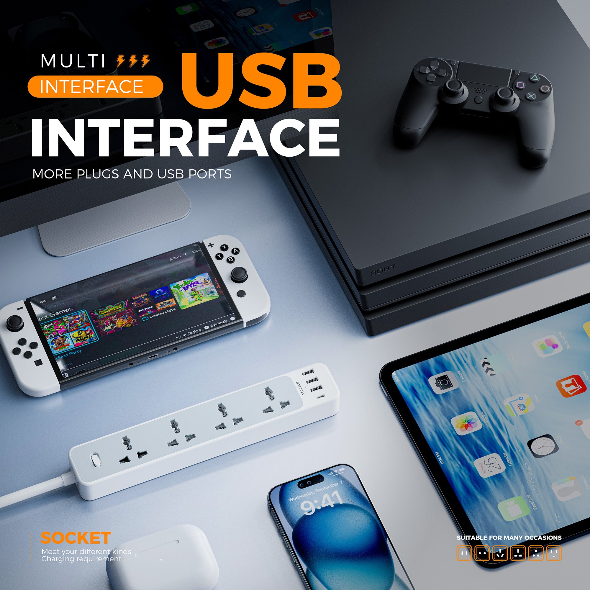 Tessan Universal Extension Cord Extension Socket With 4AC USB C 3.0A Charger Adapter 2 Meter Power Strip