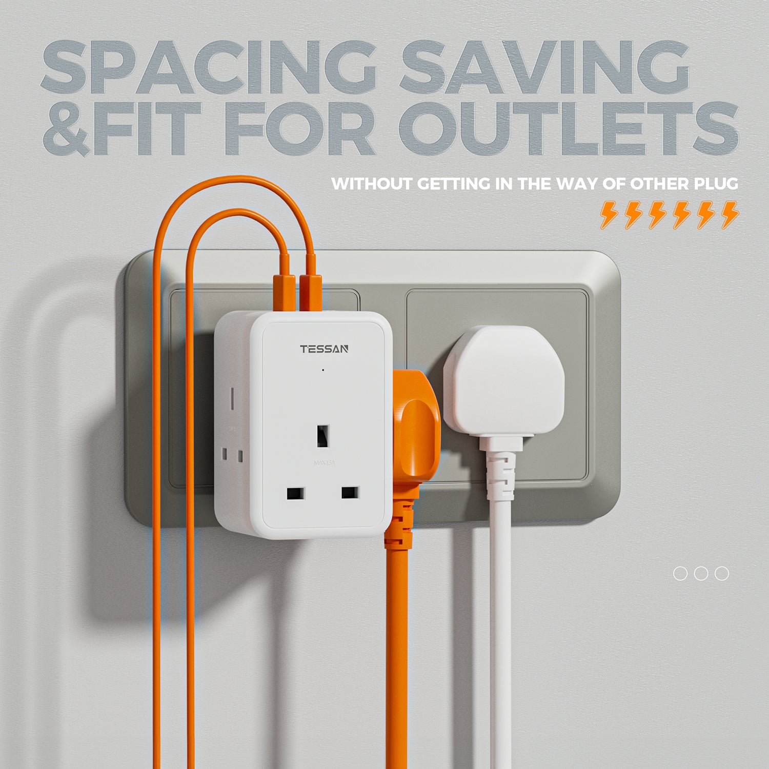 TESSAN - 3 Main Outlets Wall Socket Multi Plug Extension Wall Adapter with 2 USB and Type C