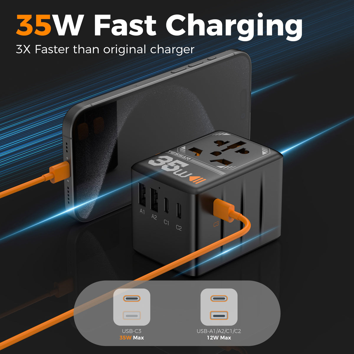 TESSAN - Universal 35W Travel Adaptor with 3 USB C & 2 USB Charging Ports