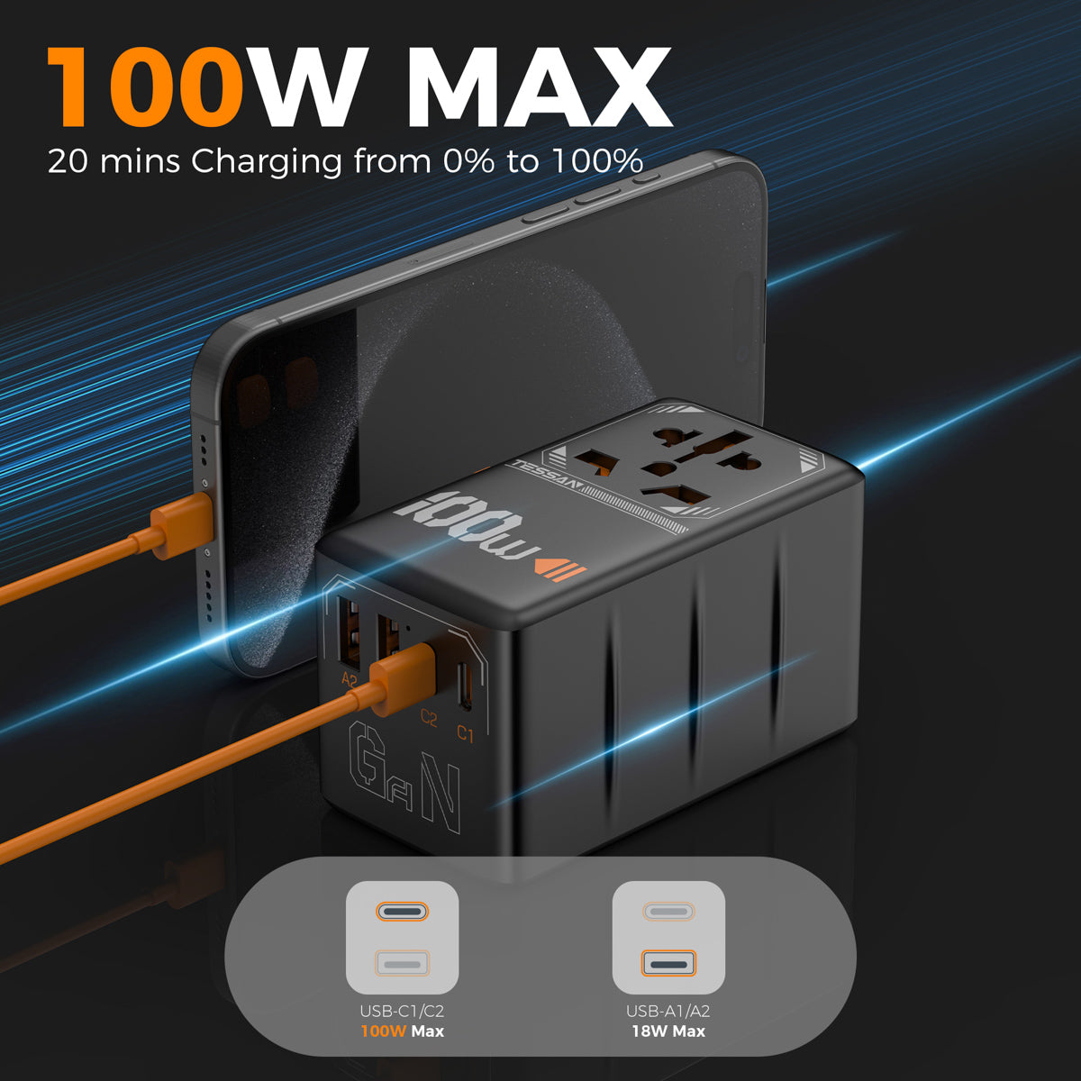 TESSAN - International 100W Fast Charging Adaptor with 2 USB C & 2 USB Charging Ports