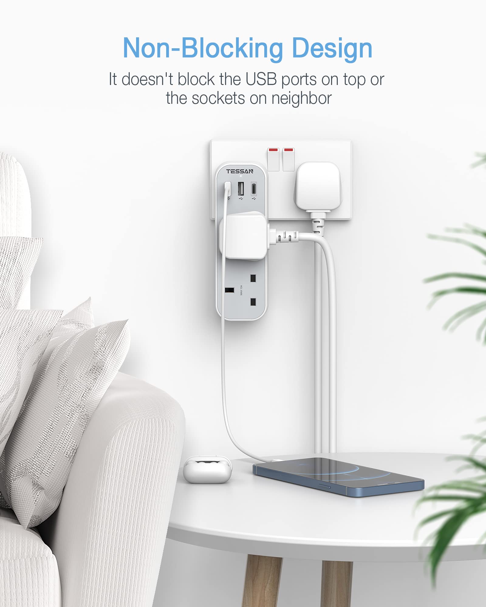 TESSAN - Vertical Socket Extension Double Plug Adaptor with 3 USB Slots , White