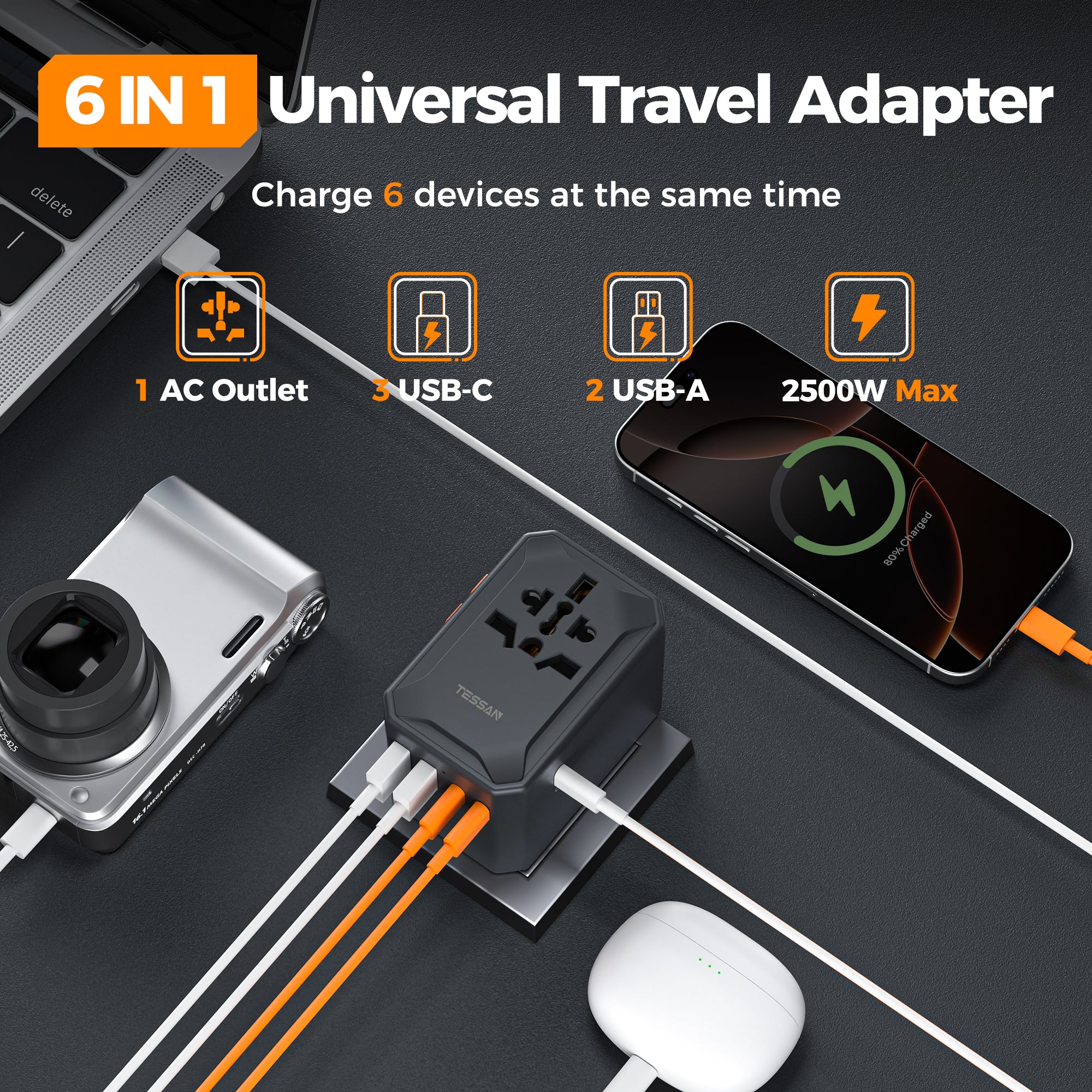 TESSAN - NEW 65W International Travel Adapter Universal Charger with 2 USB A & 3 C Ports / WTA07