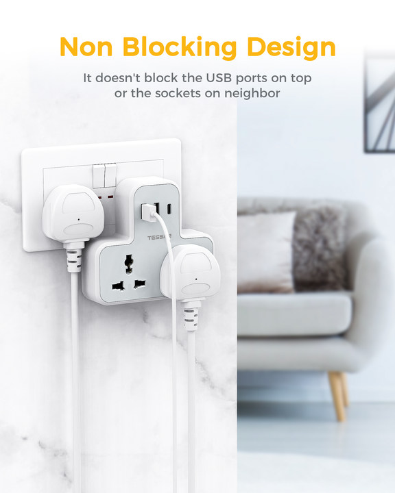 Tessan Universal Multi Plug Power Socket With USB C Charge Wall Adapter 2AC Socket Oulet Extension