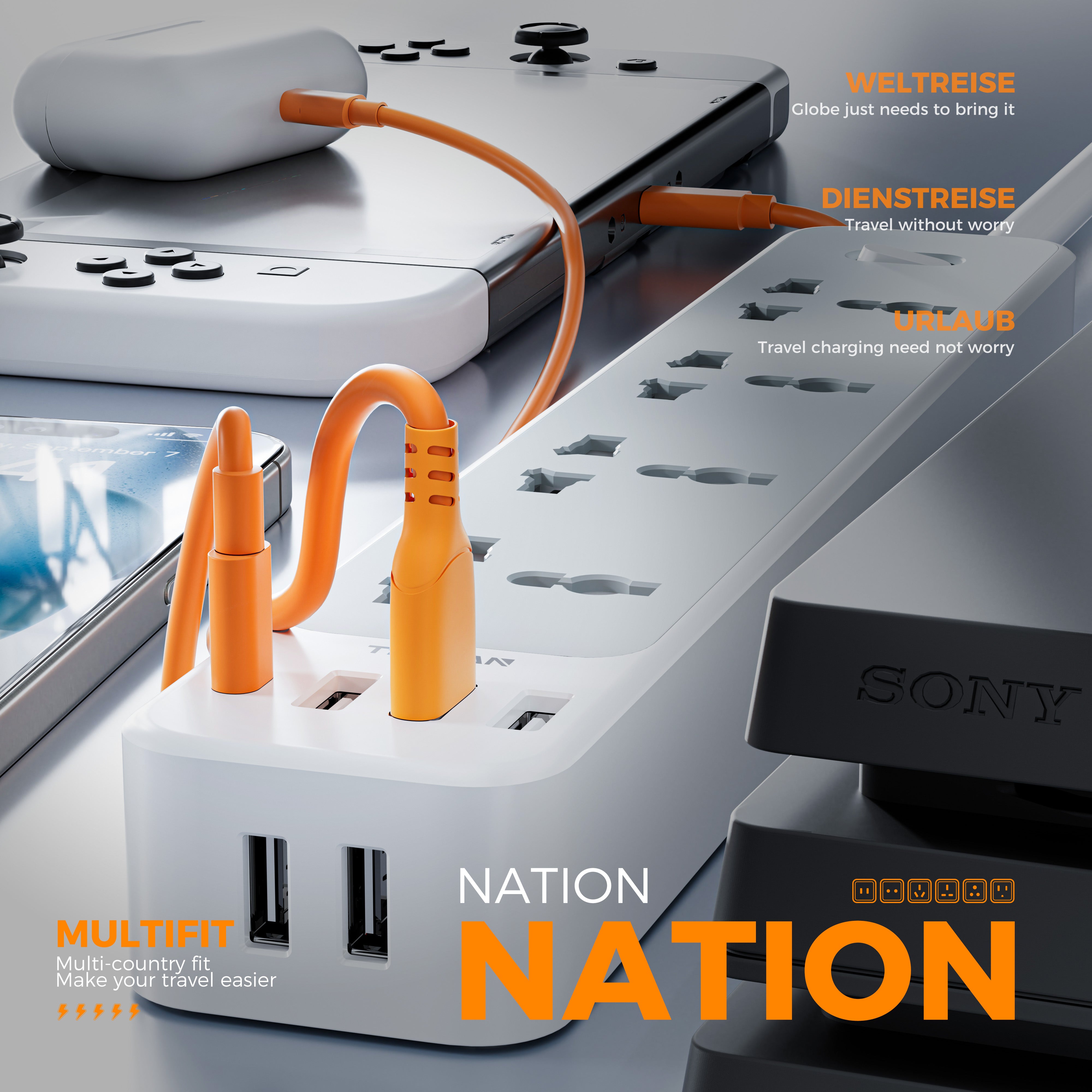 Tessan Universal Extension Cord Extension Socket With 4AC USB C 3.0A Charger Adapter 2 Meter Power Strip