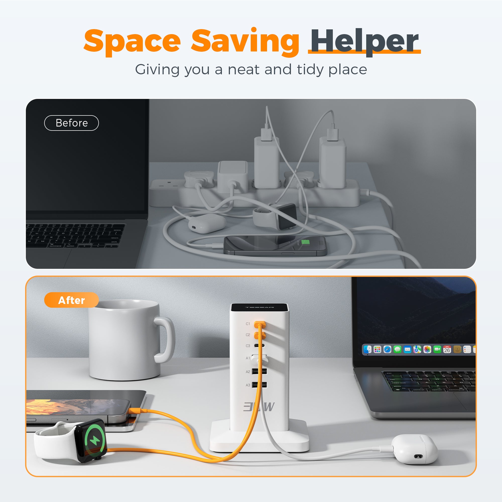 TESSAN - 30W Desktop Charging Station 6-Port Charging Hub With USB C for Multi Devices