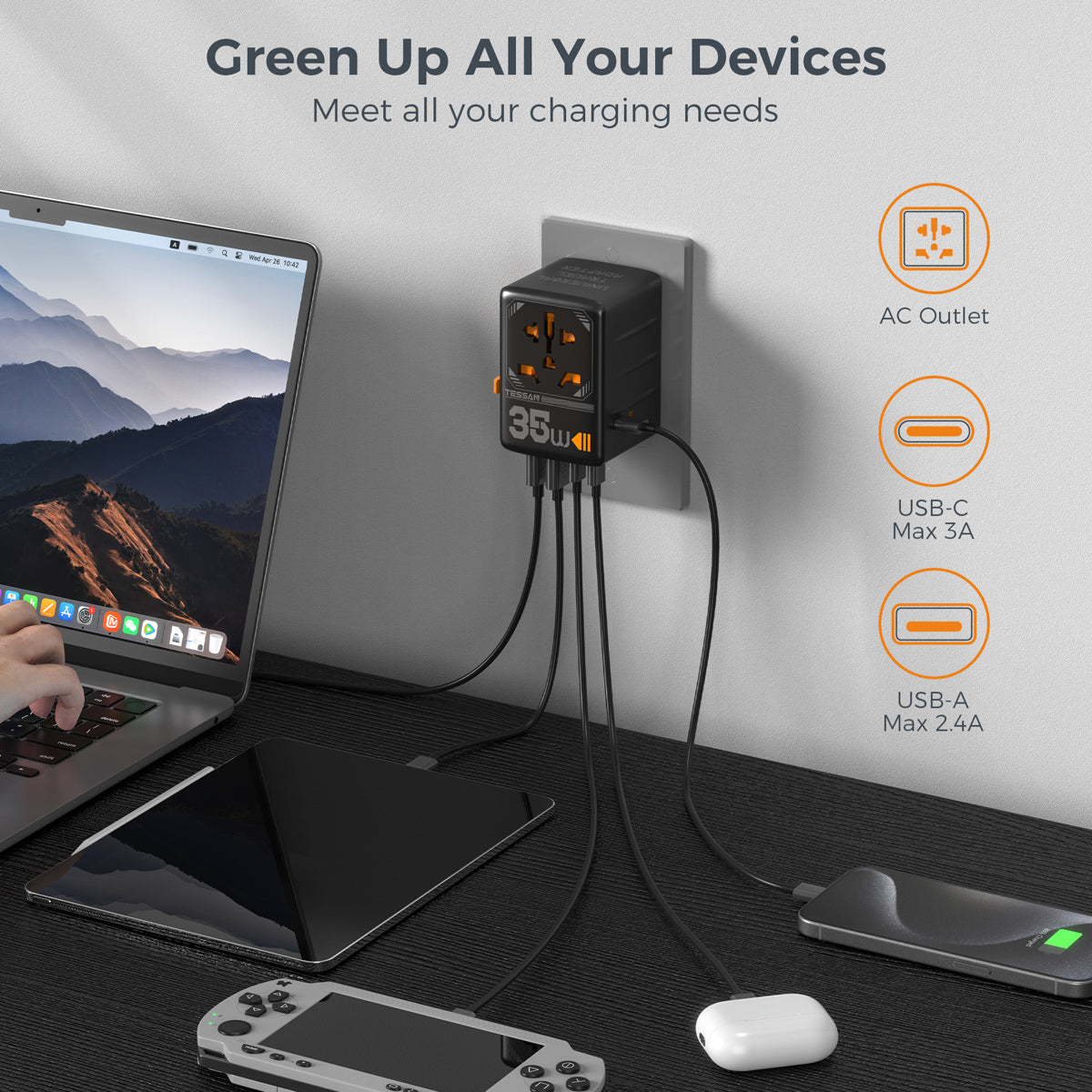 TESSAN - Universal 35W Travel Adaptor with 3 USB C & 2 USB Charging Ports