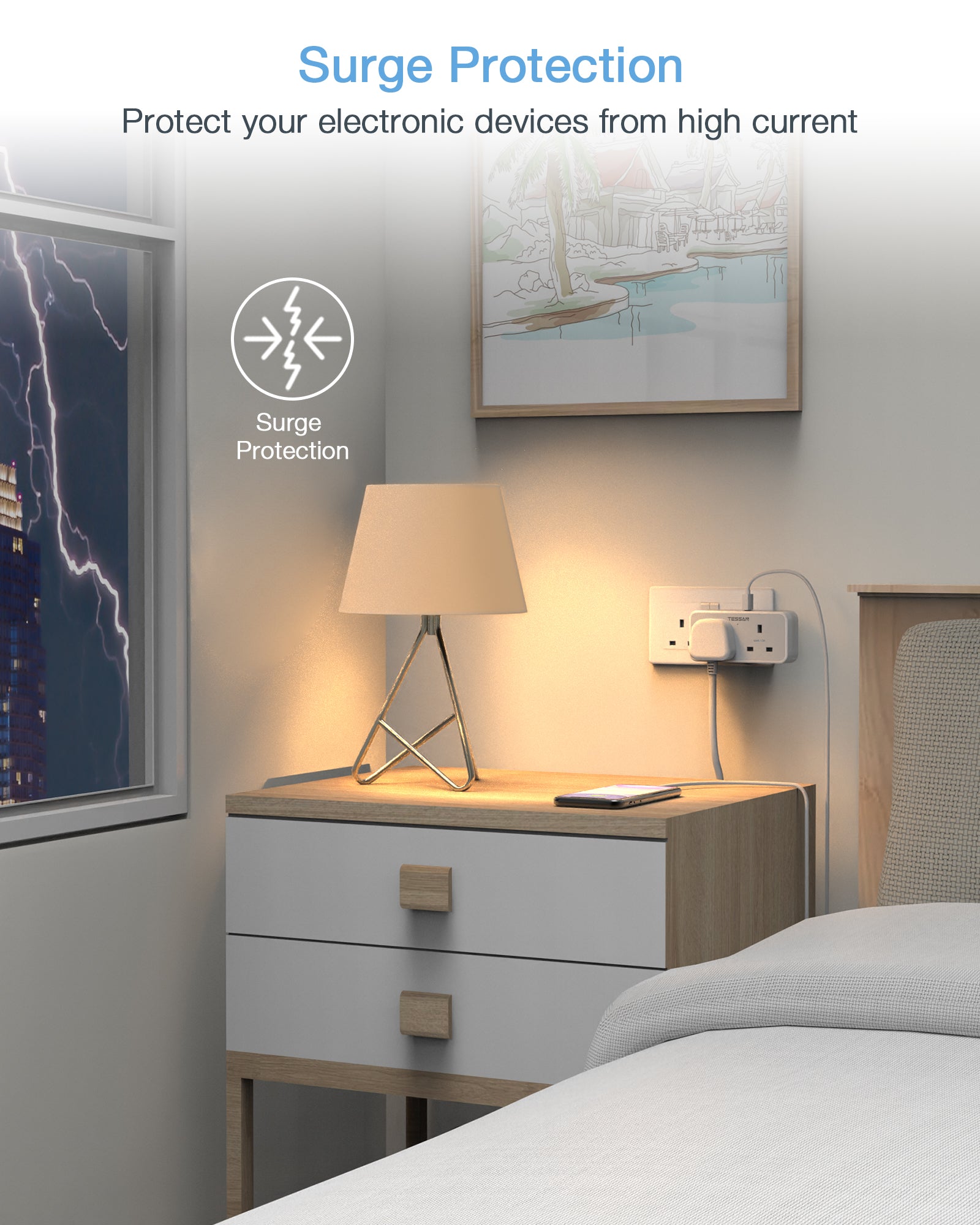 TESSAN - 2 Gangs Outlet Wall Socket Multi Plug Extension Wall Adapter with 2 USB Port / TS-225