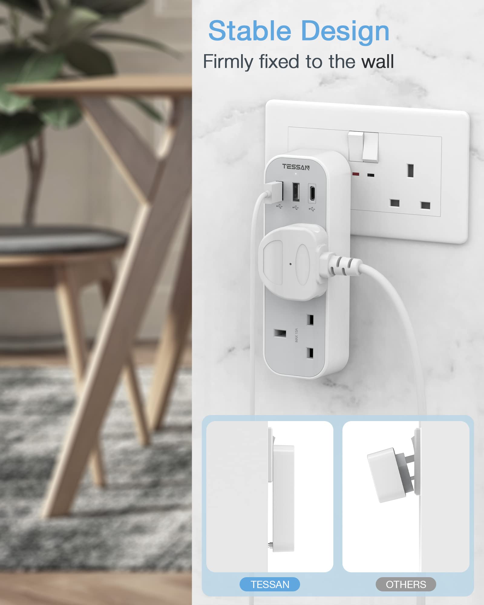 TESSAN - Vertical Socket Extension Double Plug Adaptor with 3 USB Slots , Black