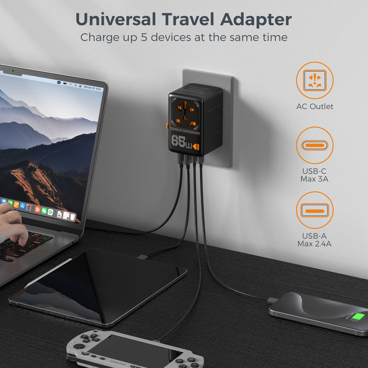 Universal 65W International Travel Adaptor with 2 USB C & 2 USB A Charging Ports