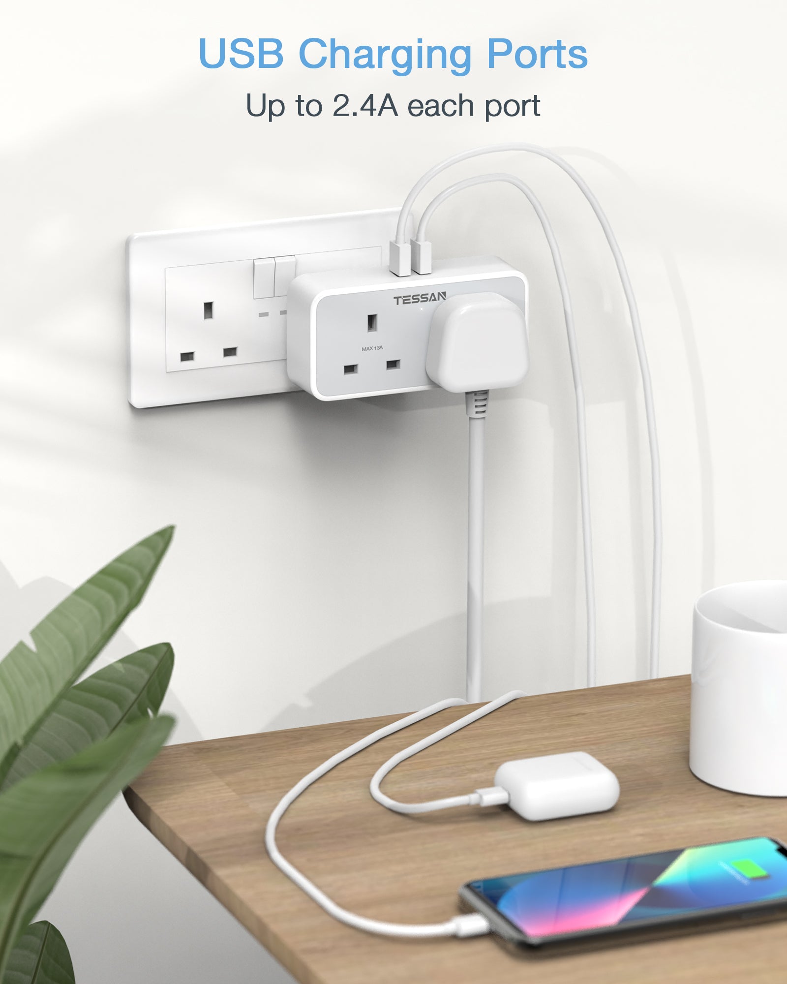 TESSAN - 2 Gangs Outlet Wall Socket Multi Plug Extension Wall Adapter with 2 USB Port / TS-225