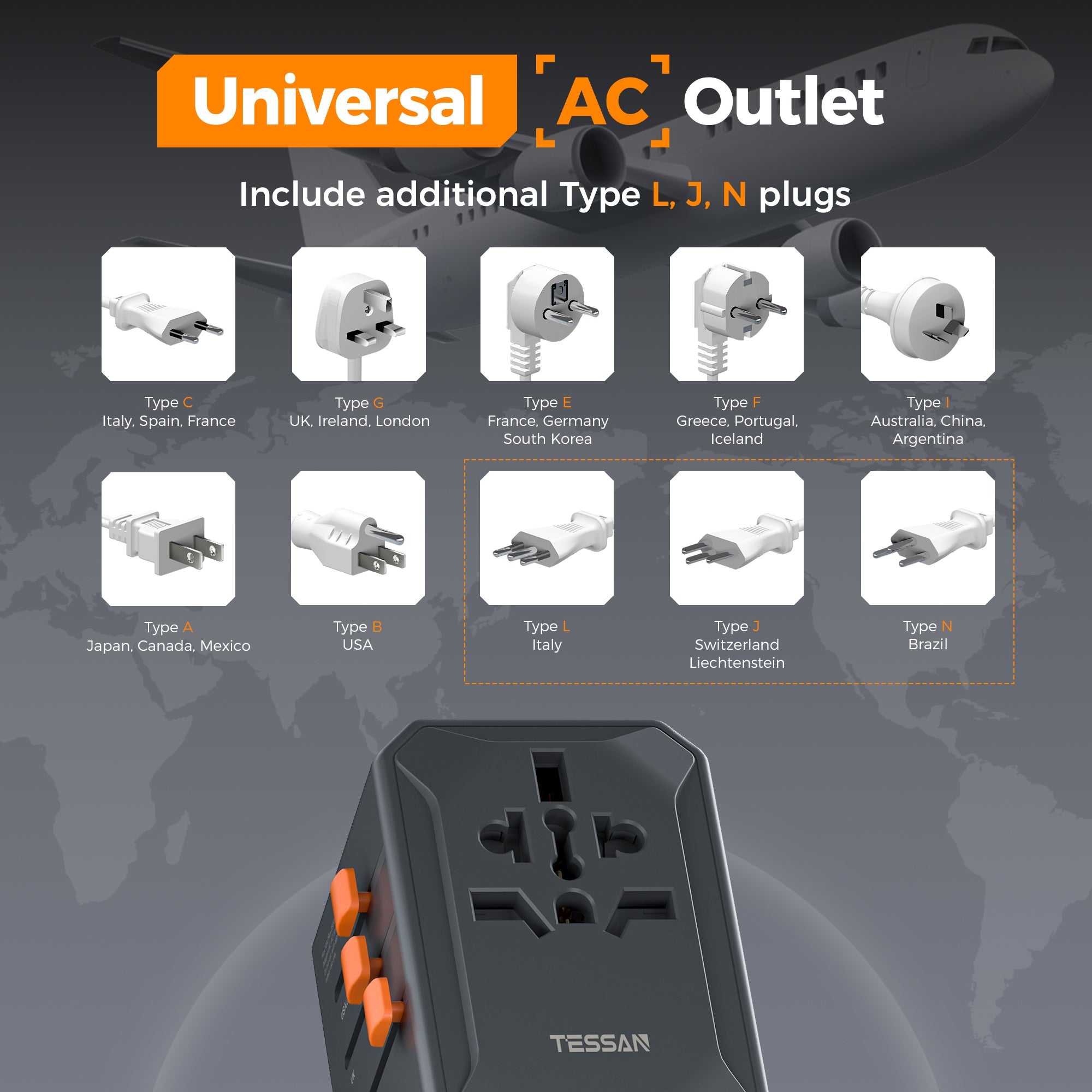 TESSAN - NEW 65W International Travel Adapter Universal Charger with 2 USB A & 3 C Ports / WTA07
