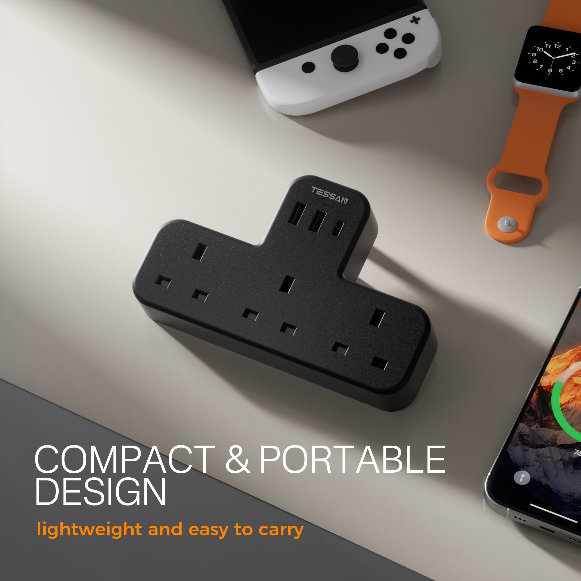 TESSAN - Safety Mark Extension Wall Plug with 3 AC Outlets , 2 USB-A and 1 USB-C Ports Black