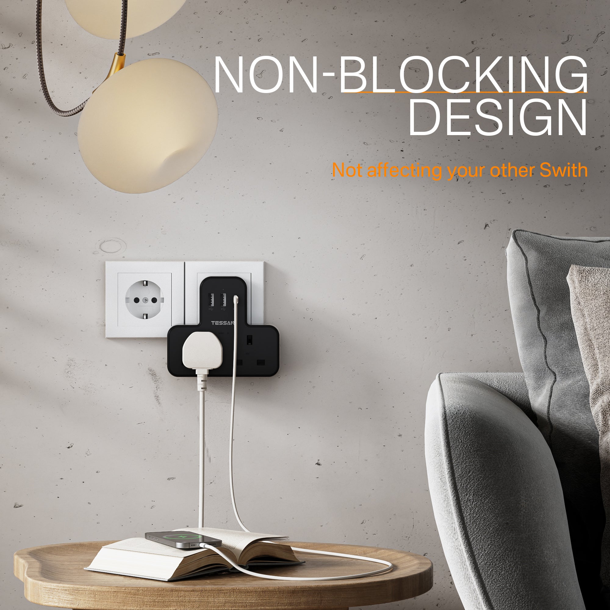 TESSAN - Safety Mark Socket Multi Plug Extension Wall Adapter with USB C , Black