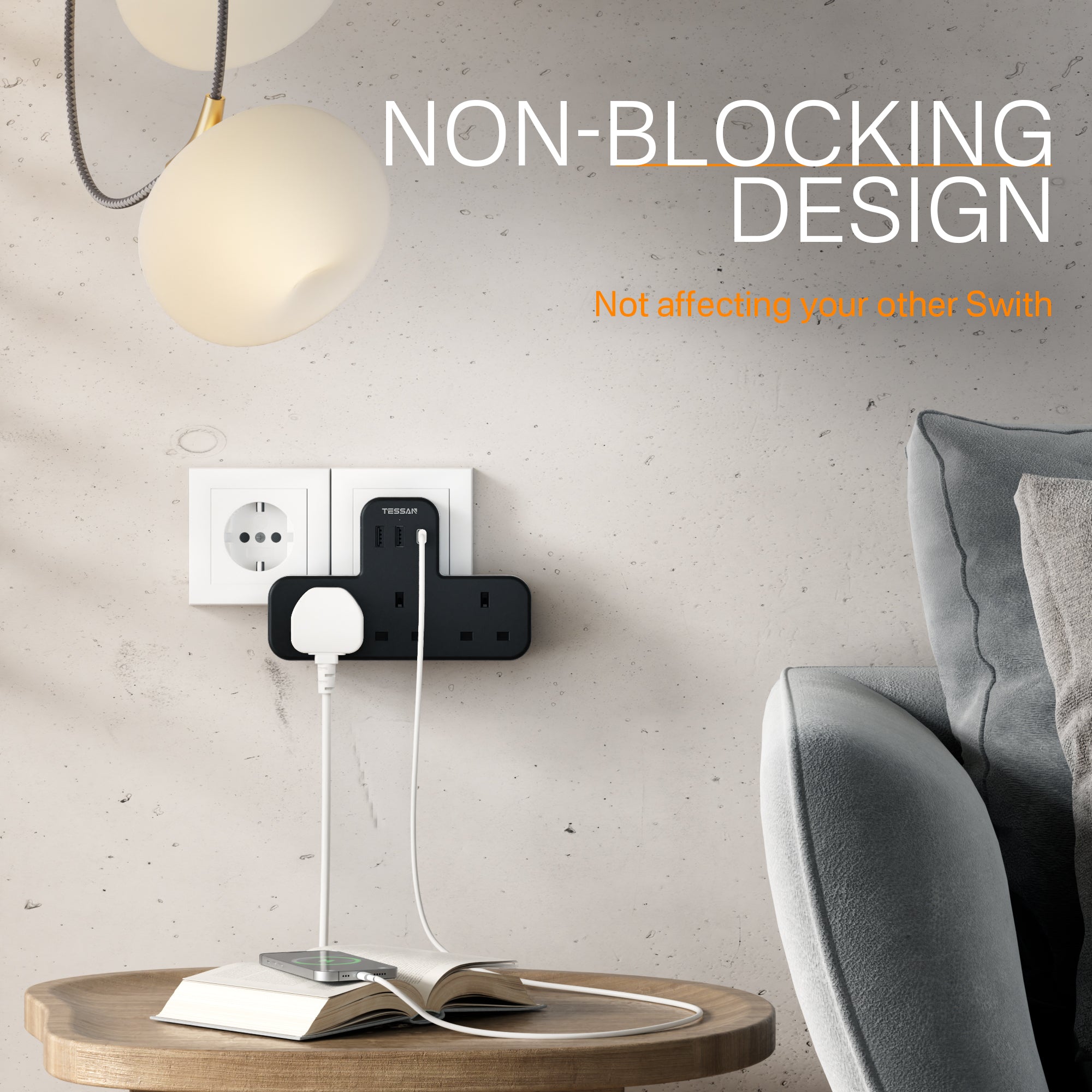 TESSAN - Safety Mark Extension Wall Plug with 3 AC Outlets , 2 USB-A and 1 USB-C Ports Black