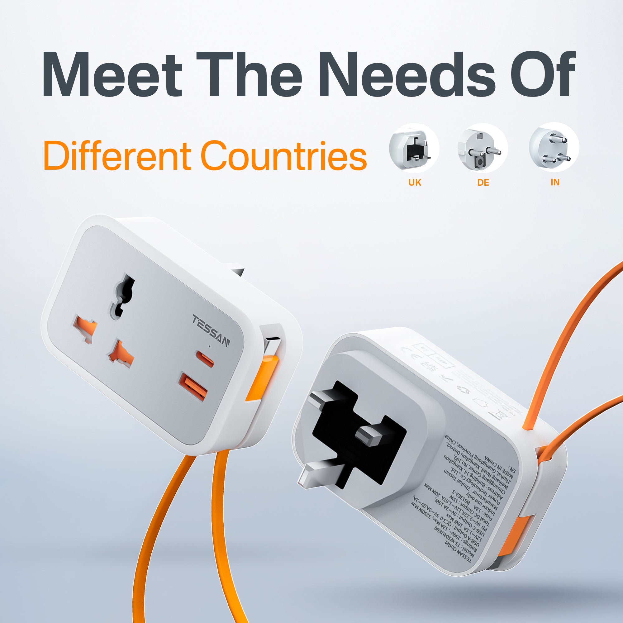 TESSAN - Wall Plug Socket Extender with USB-C Cable Universal Gang and 2 USB Ports