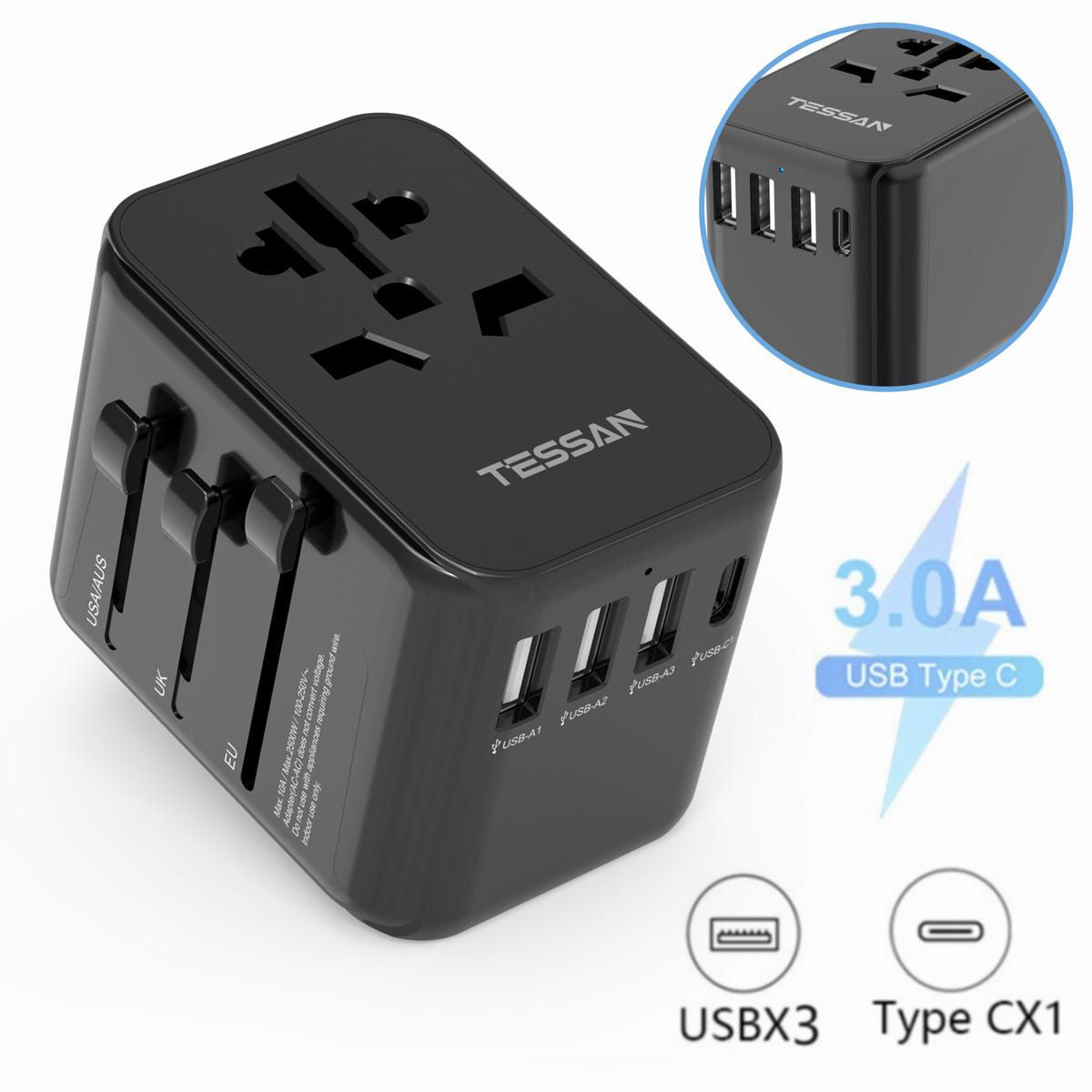 TESSAN - 17W Travel Charger Multi Plug Adaptor with 3 USB and 1 Type C / 633FC-BK
