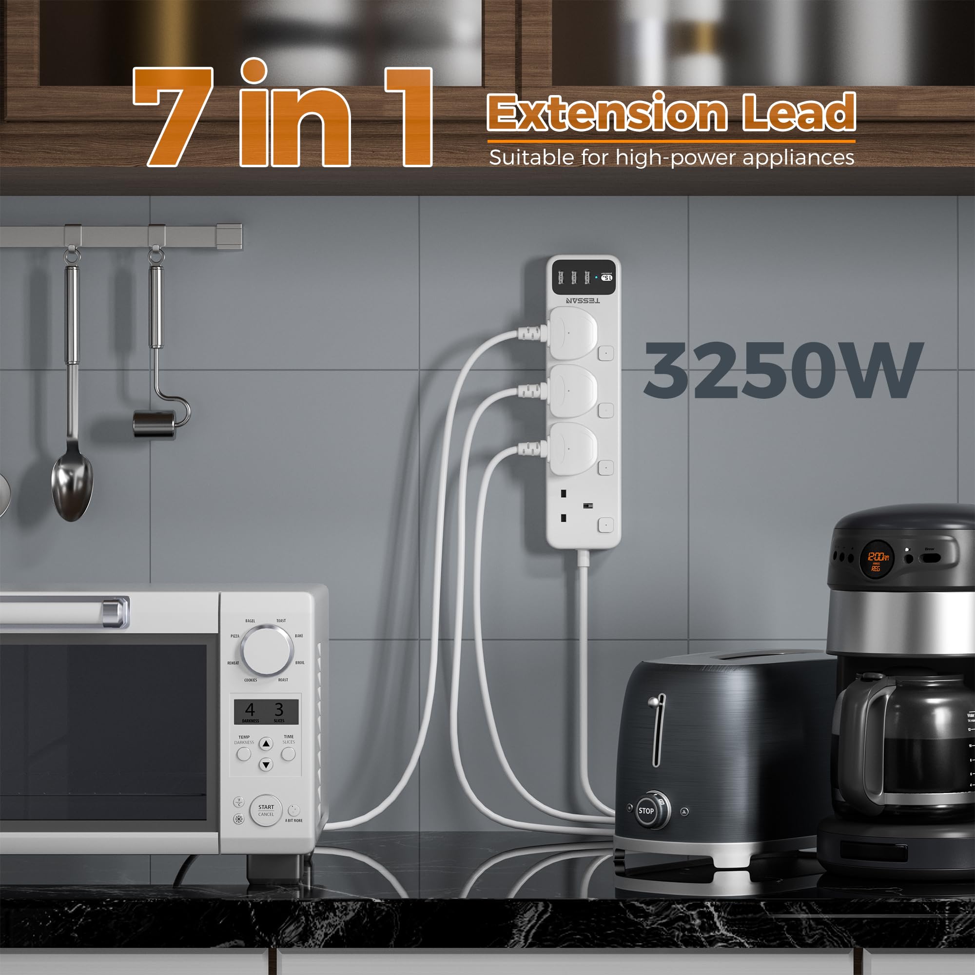 TESSAN - 4 Outlets Extension Cord 13A Individual Switches with 2M Cable and USB-A