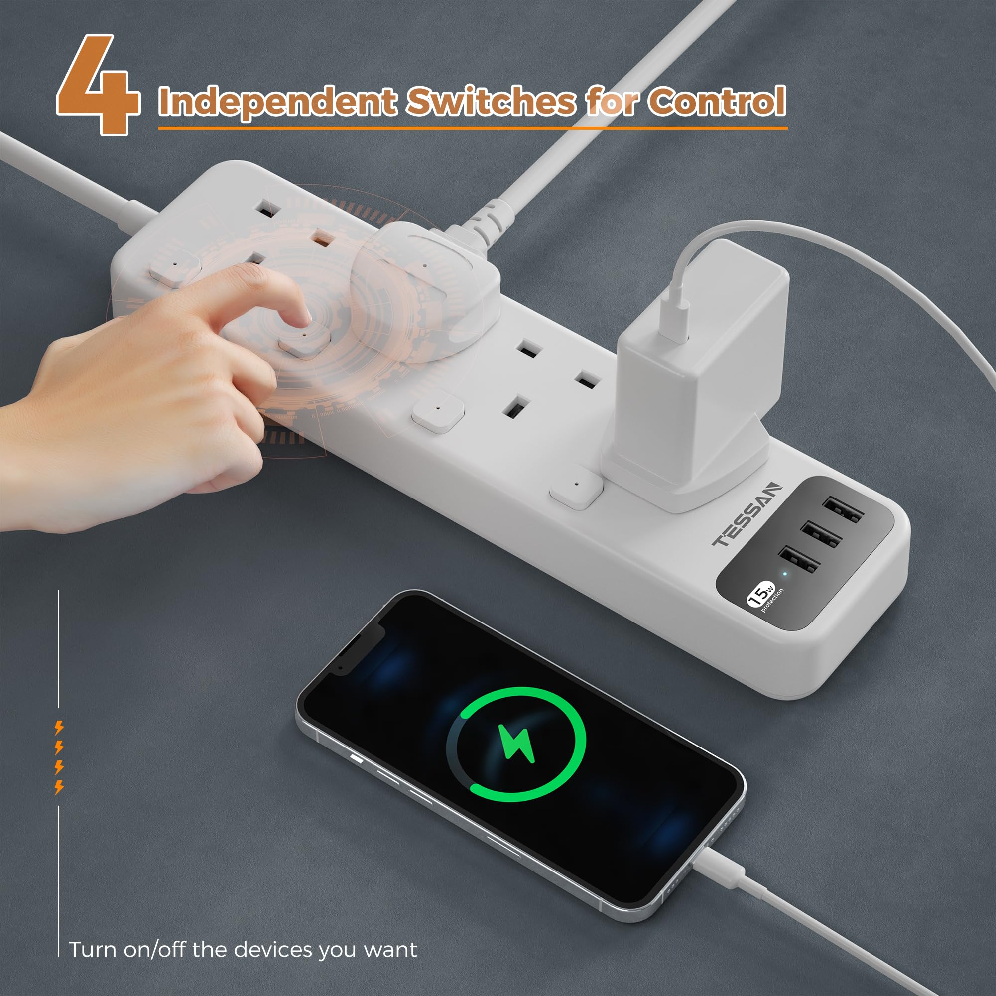 TESSAN - 4 Outlets Extension Cord 13A Individual Switches with 2M Cable and USB-A