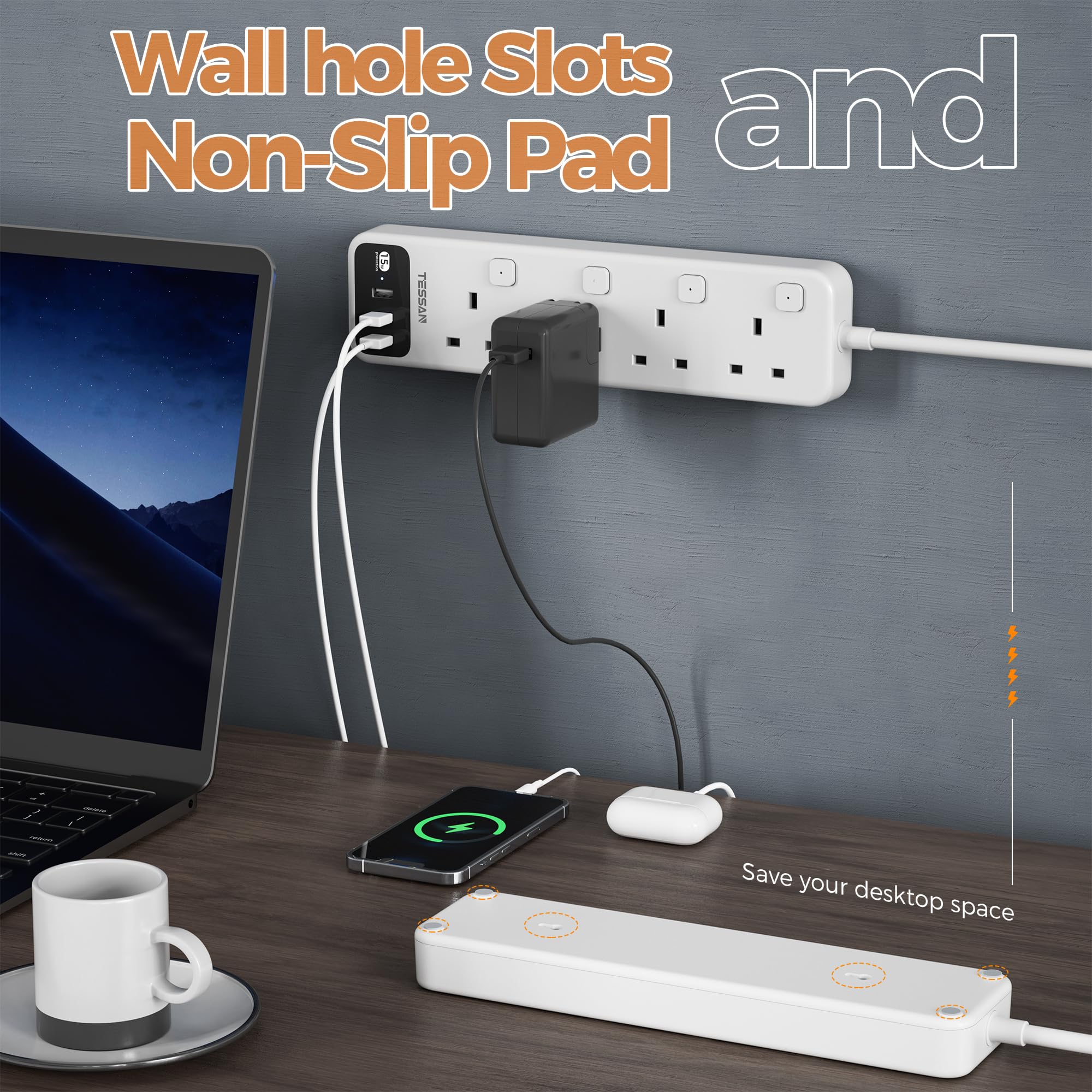 TESSAN - 4 Outlets Extension Cord 13A Individual Switches with 2M Cable and USB-A