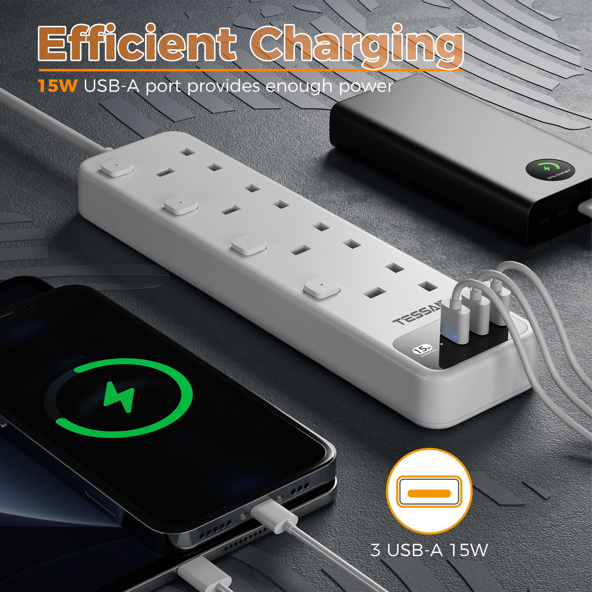 TESSAN - 4 Outlets Extension Cord 13A Individual Switches with 2M Cable and USB-A