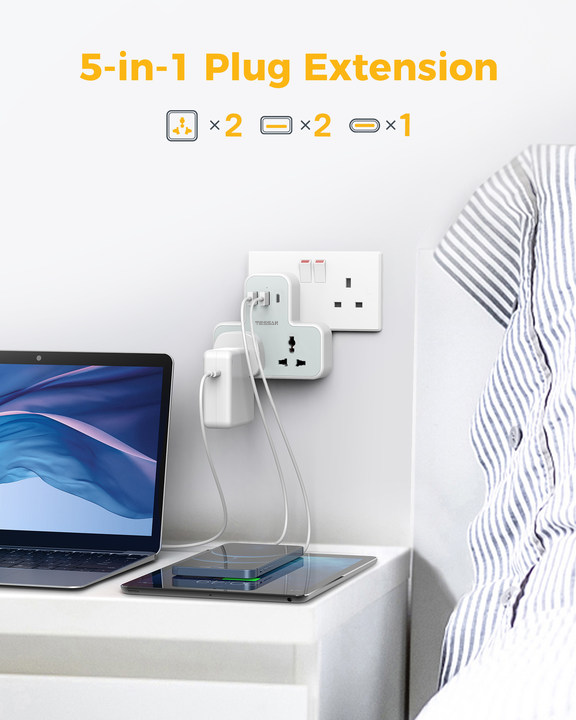 Tessan Universal Multi Plug Power Socket With USB C Charge Wall Adapter 2AC Socket Oulet Extension
