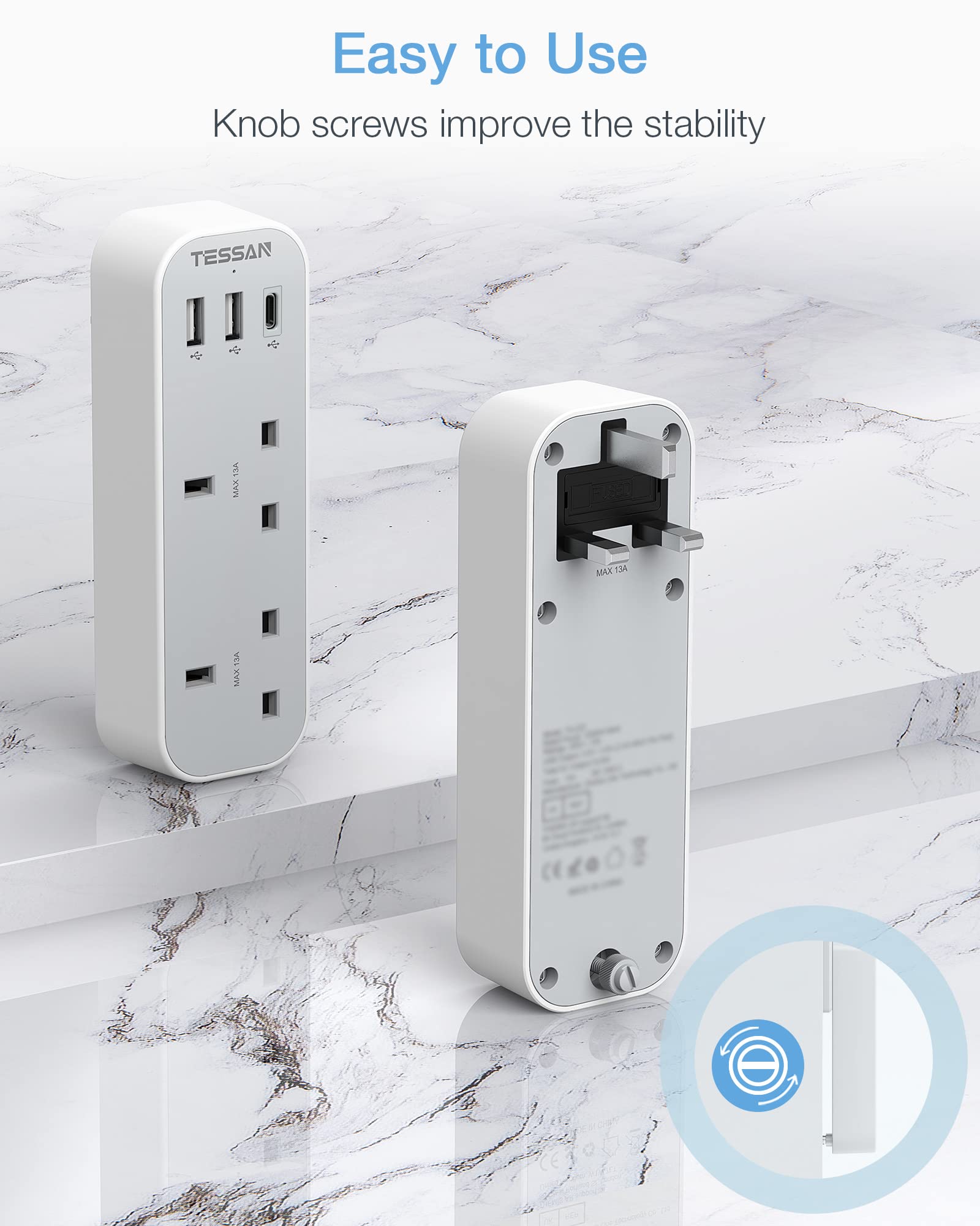 TESSAN - Vertical Socket Extension Double Plug Adaptor with 3 USB Slots , White