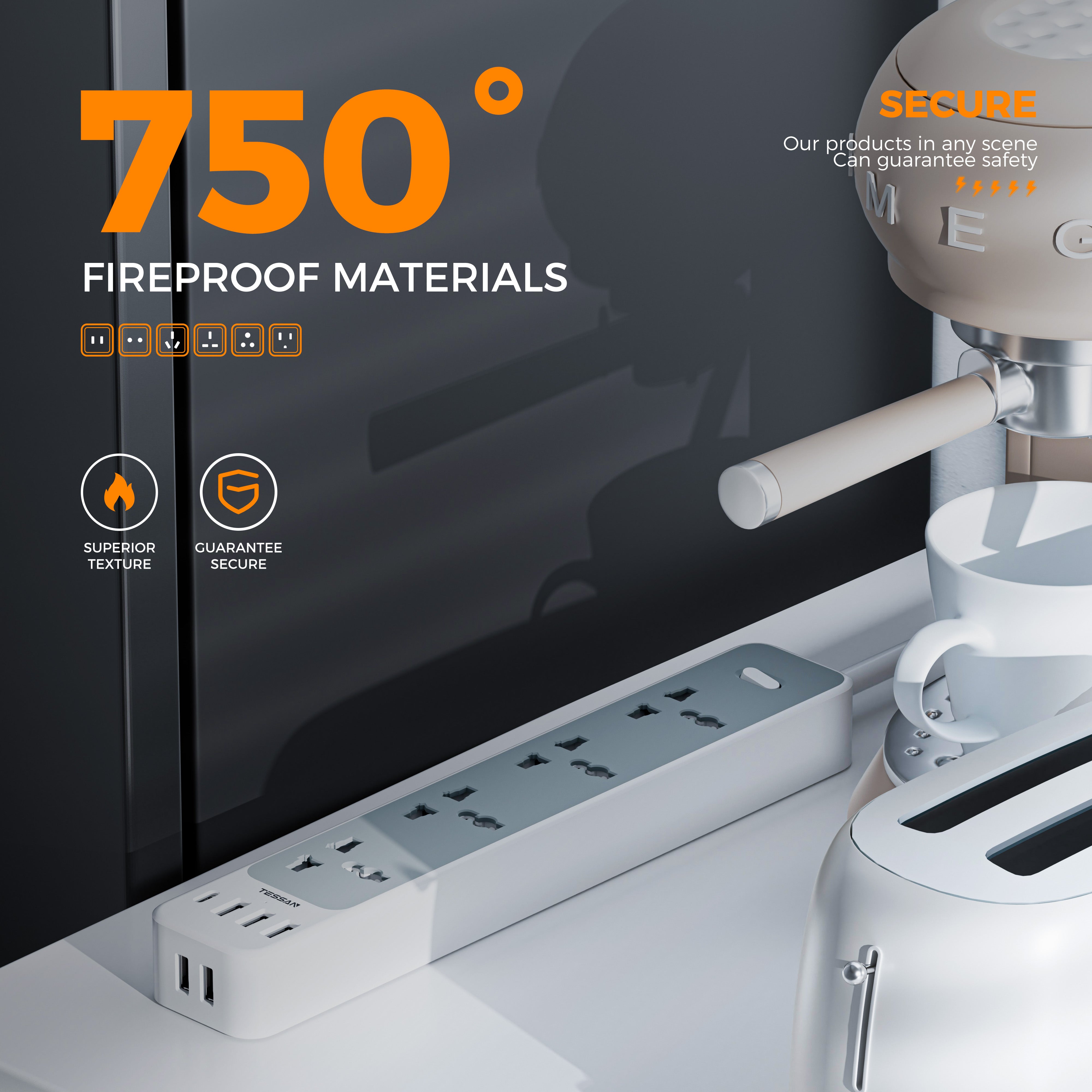 Tessan Universal Extension Cord Extension Socket With 4AC USB C 3.0A Charger Adapter 2 Meter Power Strip