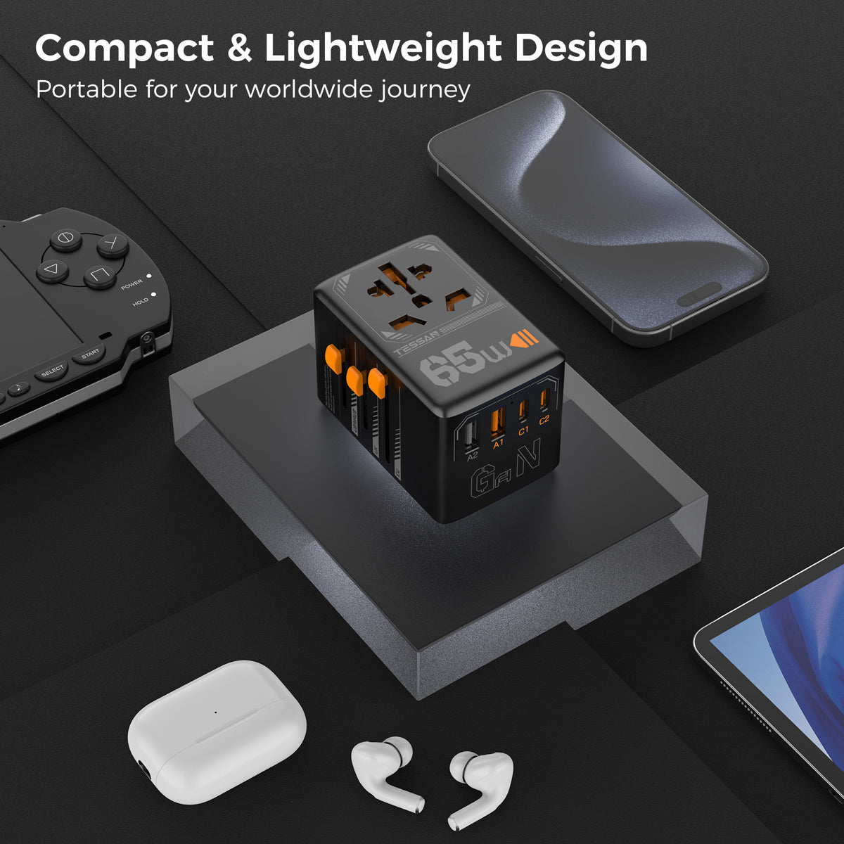 Universal 65W International Travel Adaptor with 2 USB C & 2 USB A Charging Ports