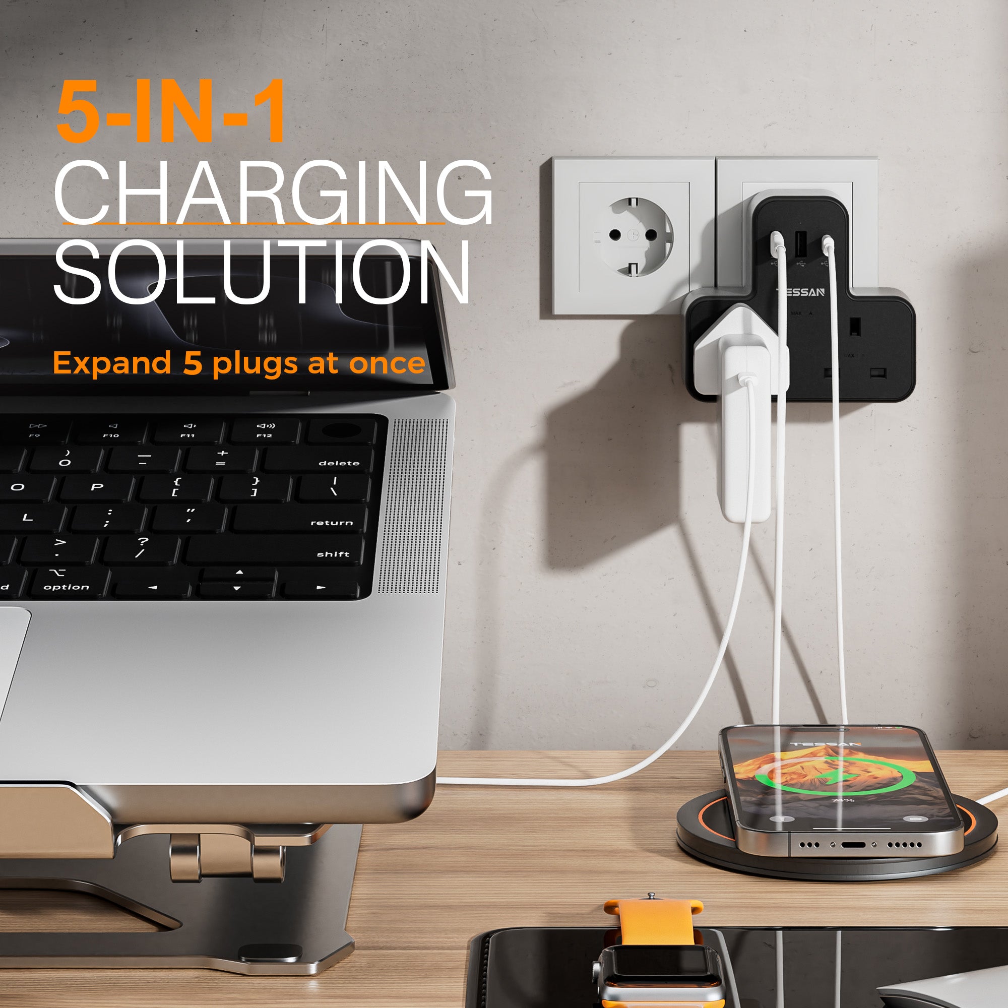 TESSAN - Safety Mark Socket Multi Plug Extension Wall Adapter with USB C , Black