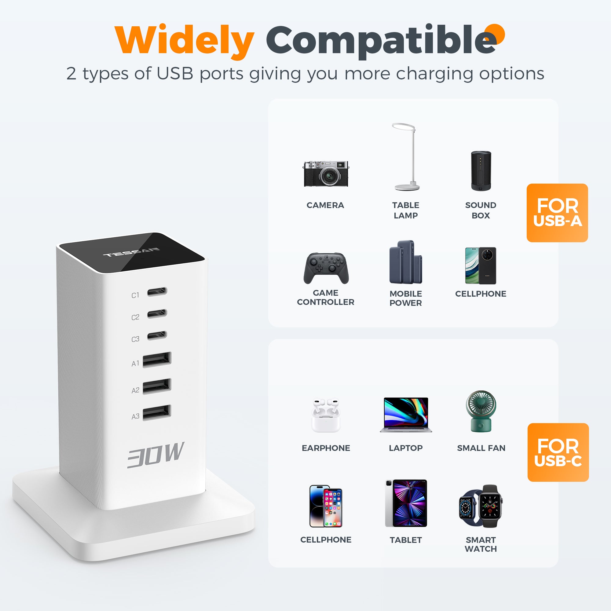 TESSAN - 30W Desktop Charging Station 6-Port Charging Hub With USB C for Multi Devices