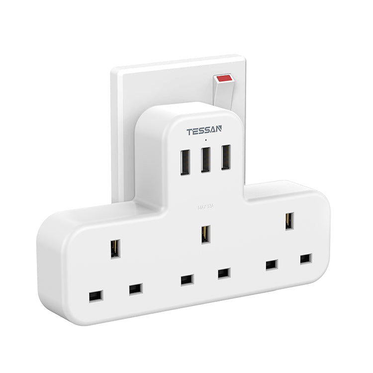 TESSAN - Extension Wall Plug with 3 AC Outlets , 3 USB-A Wall Adapter Charger