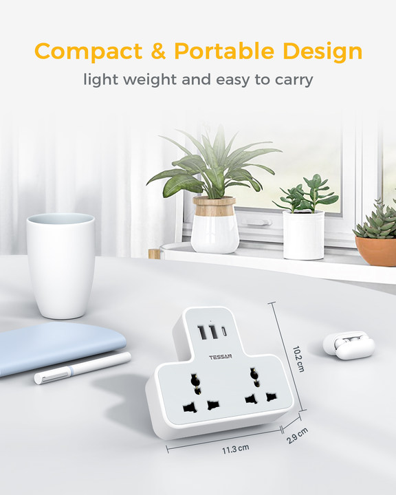 Tessan Universal Multi Plug Power Socket With USB C Charge Wall Adapter 2AC Socket Oulet Extension