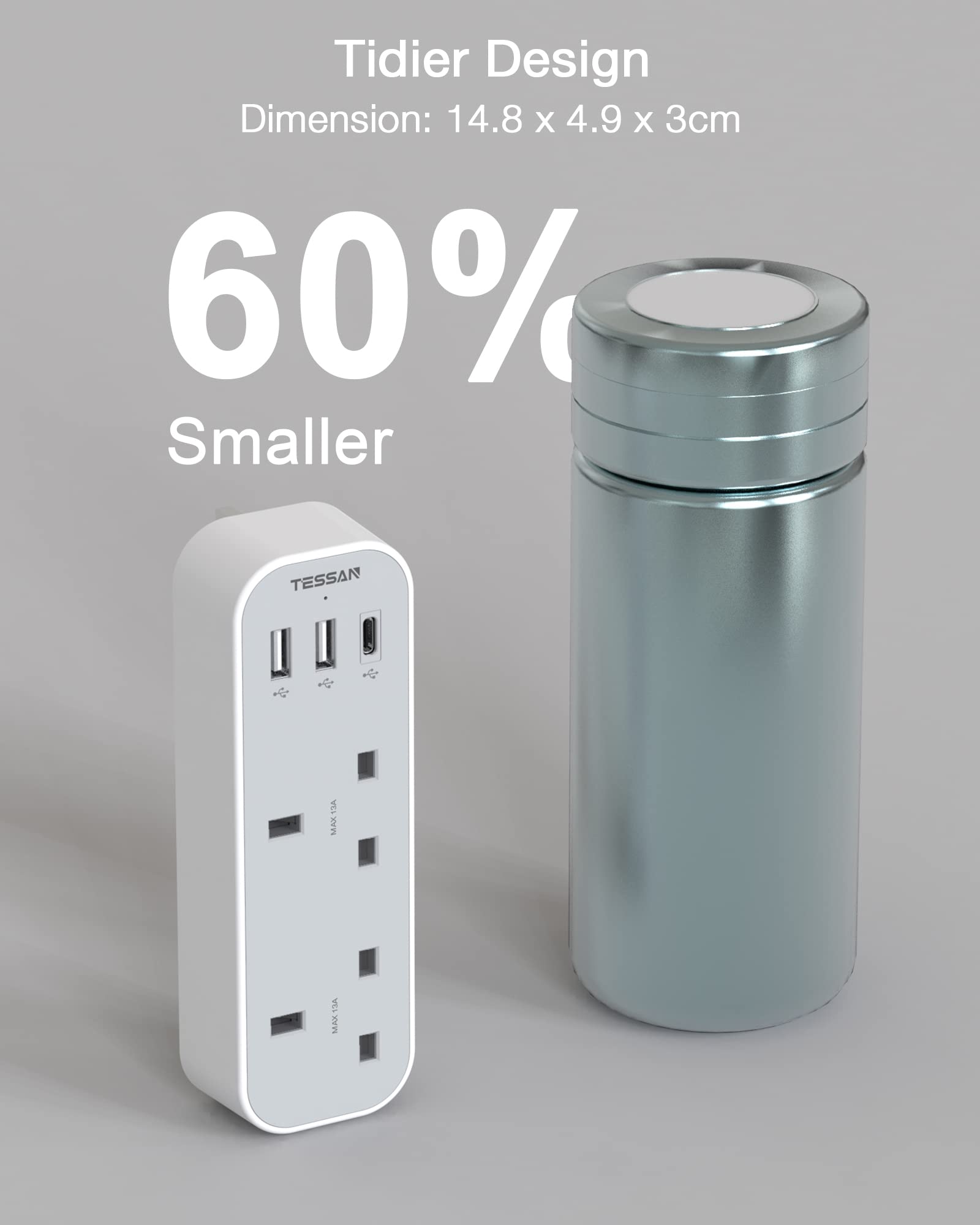 TESSAN - Vertical Socket Extension Double Plug Adaptor with 3 USB Slots , Black