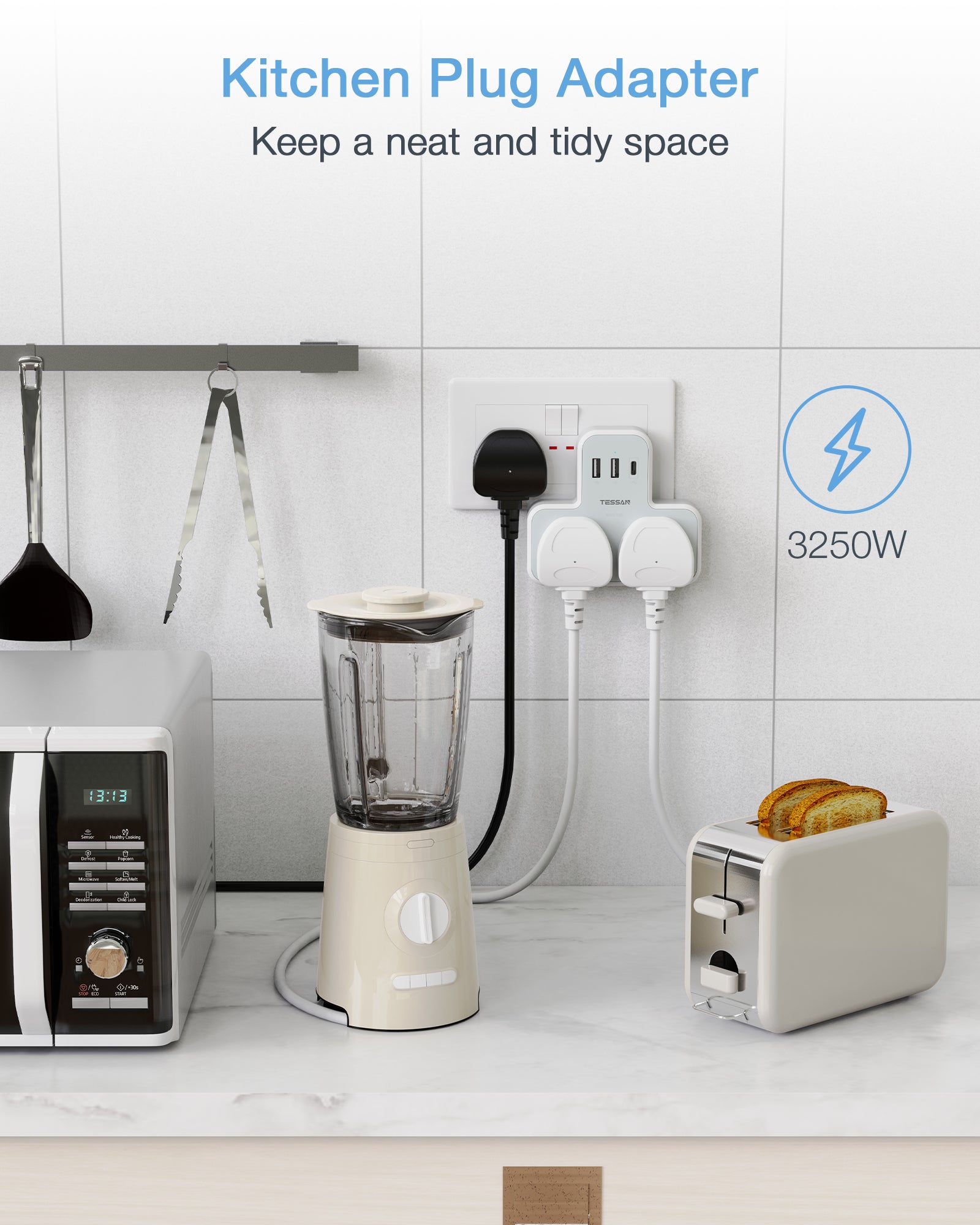 Tessan Universal Multi Plug Power Socket With USB C Charge Wall Adapter 2AC Socket Oulet Extension