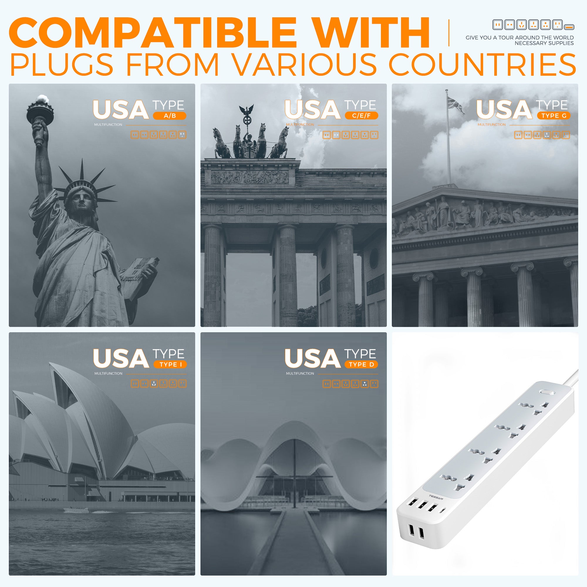 Tessan Universal Extension Cord Extension Socket With 4AC USB C 3.0A Charger Adapter 2 Meter Power Strip