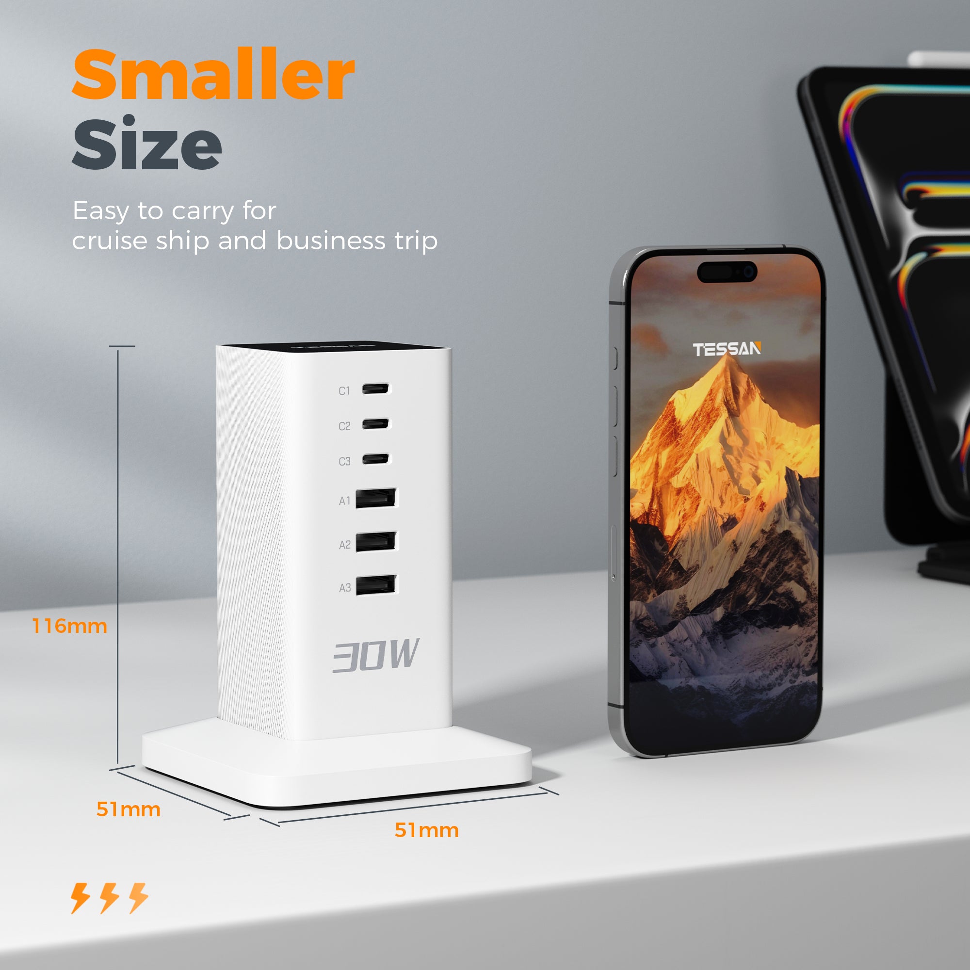 TESSAN - 30W Desktop Charging Station 6-Port Charging Hub With USB C for Multi Devices
