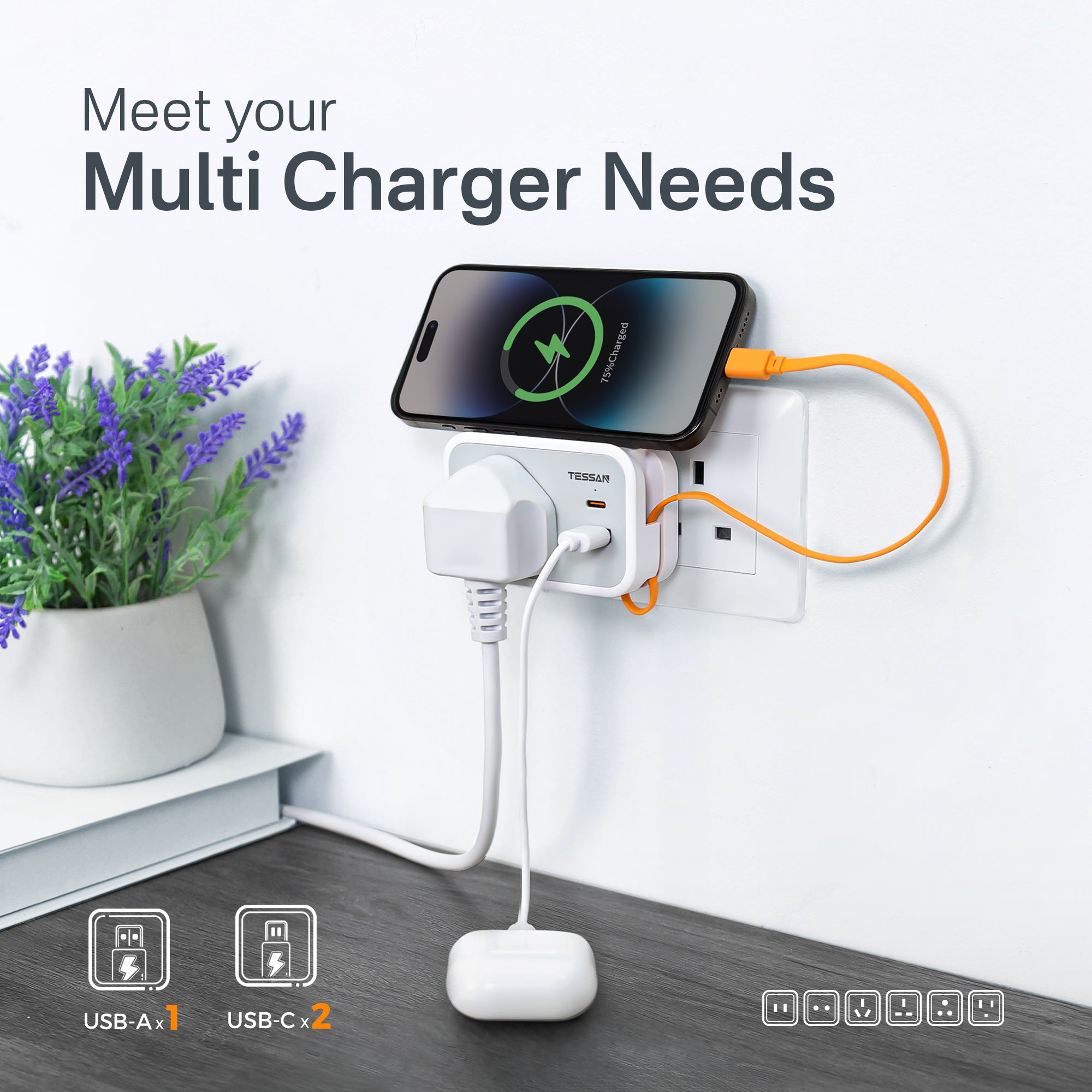 TESSAN - Wall Plug Socket Extender with USB-C Cable Universal Gang and 2 USB Ports
