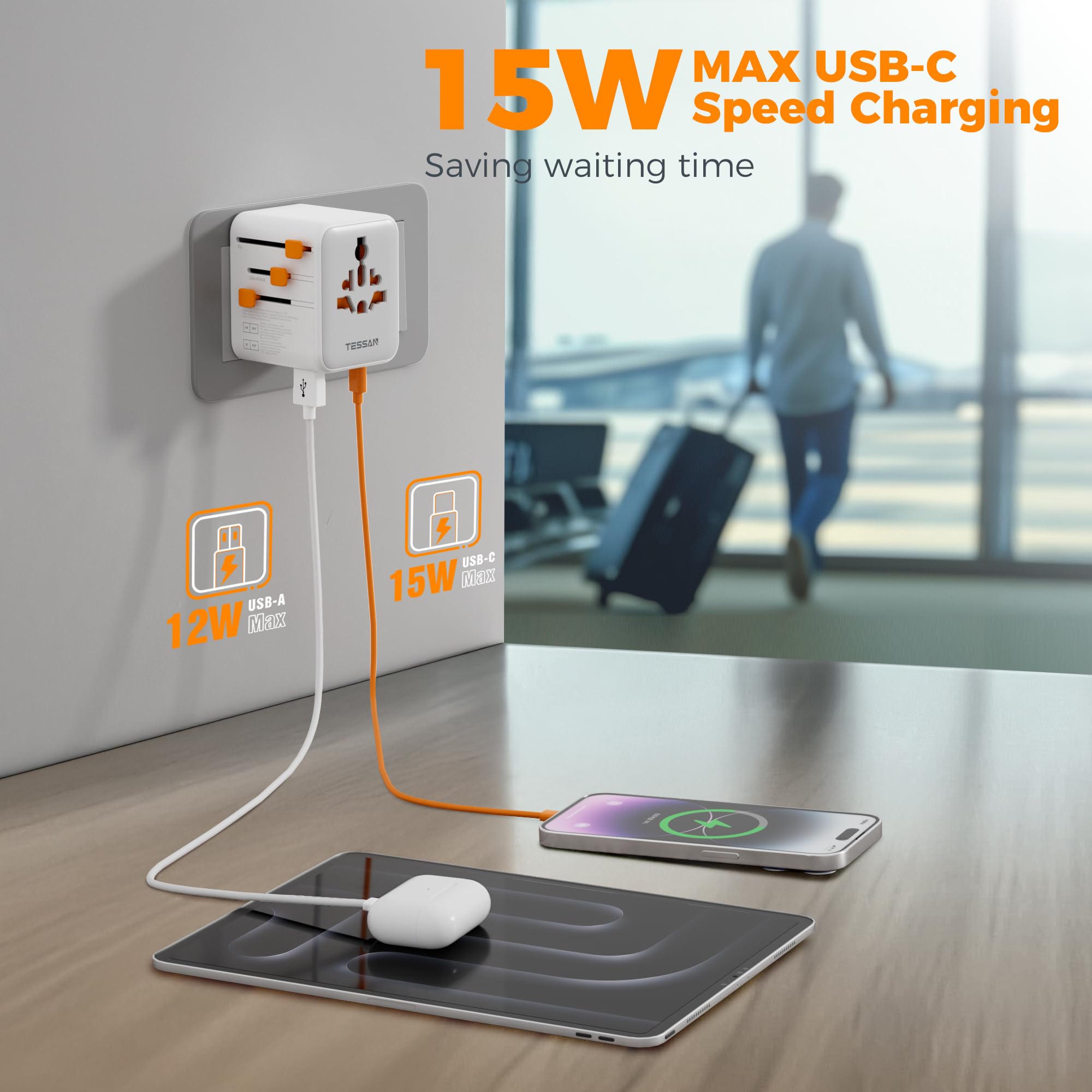 TESSAN - Universal 28W International Travel Adapter with 2 USB A & 3 C Ports