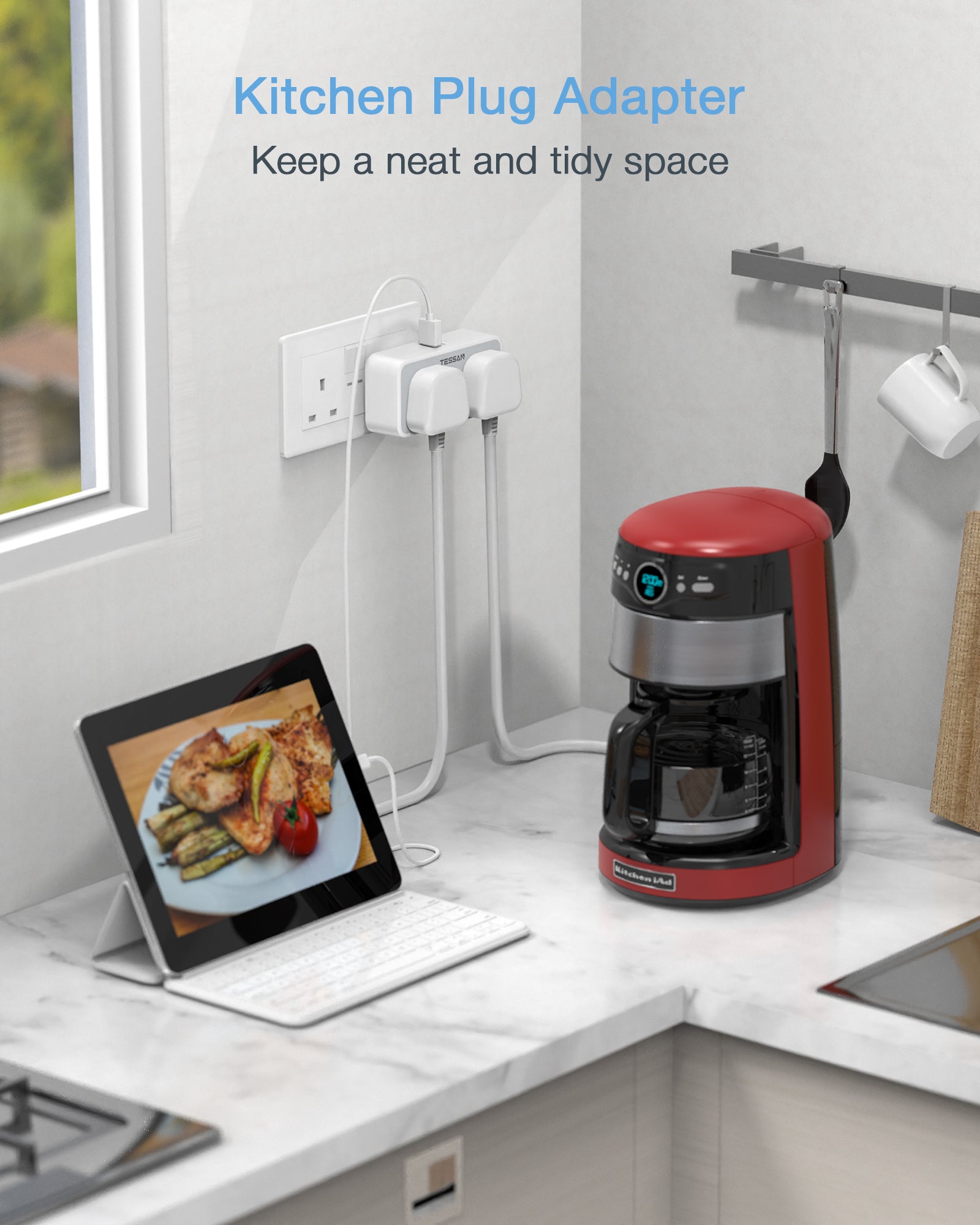 TESSAN - 2 Gangs Outlet Wall Socket Multi Plug Extension Wall Adapter with 2 USB Port / TS-225