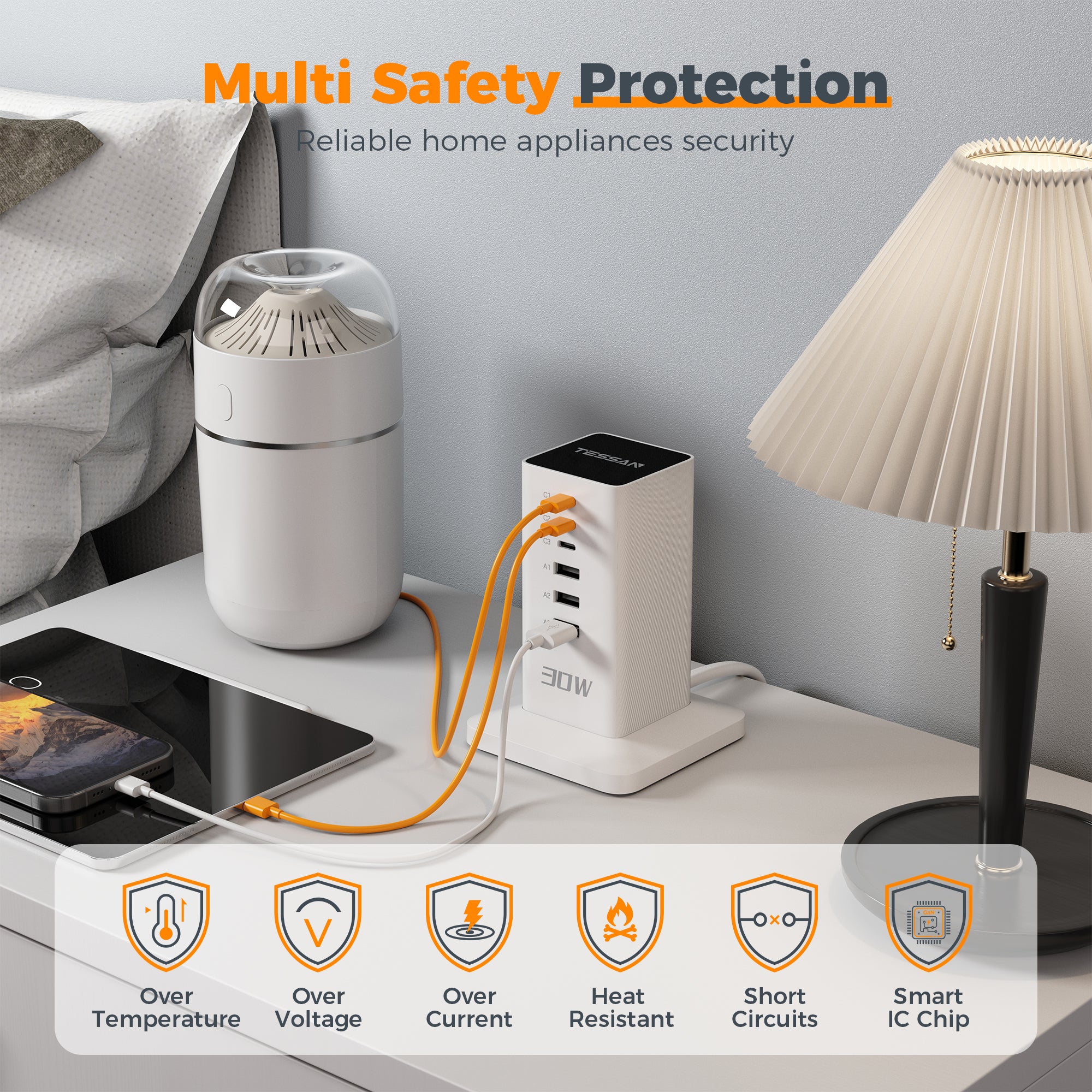 TESSAN - 30W Desktop Charging Station 6-Port Charging Hub With USB C for Multi Devices
