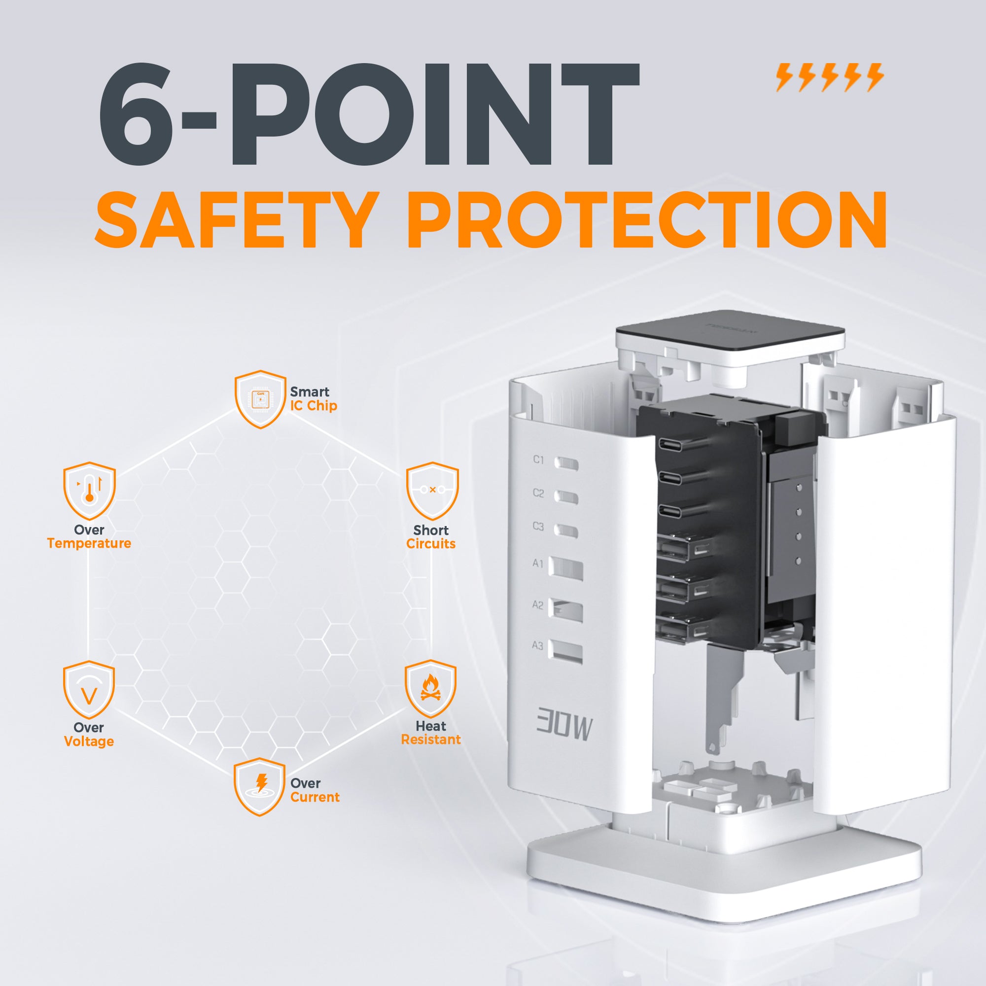 TESSAN - 30W Desktop Charging Station 6-Port Charging Hub With USB C for Multi Devices