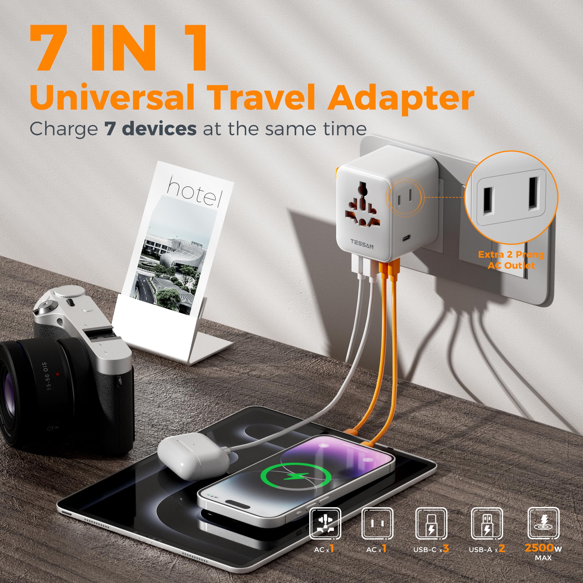 TESSAN - Universal 28W International Travel Adapter with 2 USB A & 3 C Ports