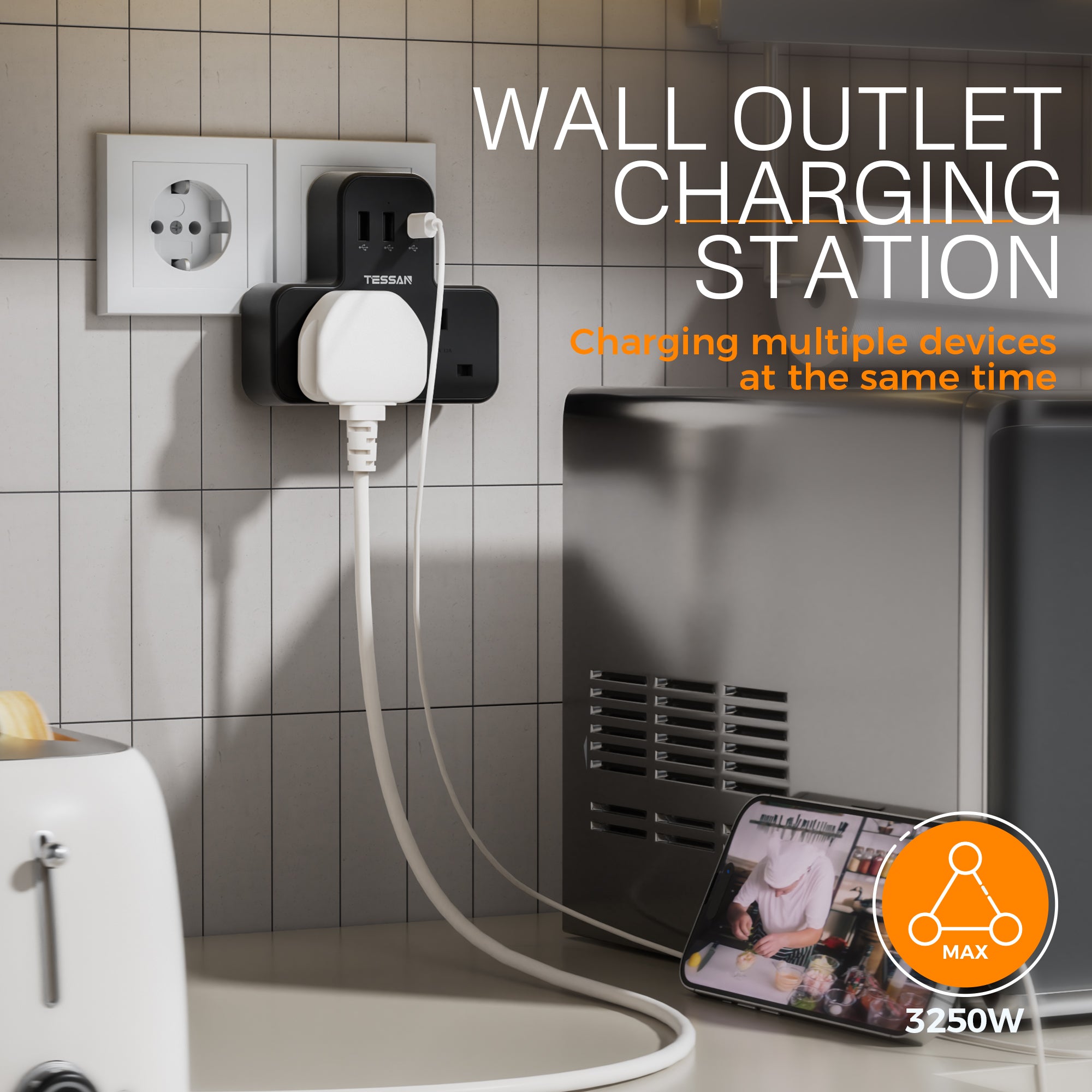 TESSAN - Safety Mark Socket Multi Plug Extension Wall Adapter with USB C , Black