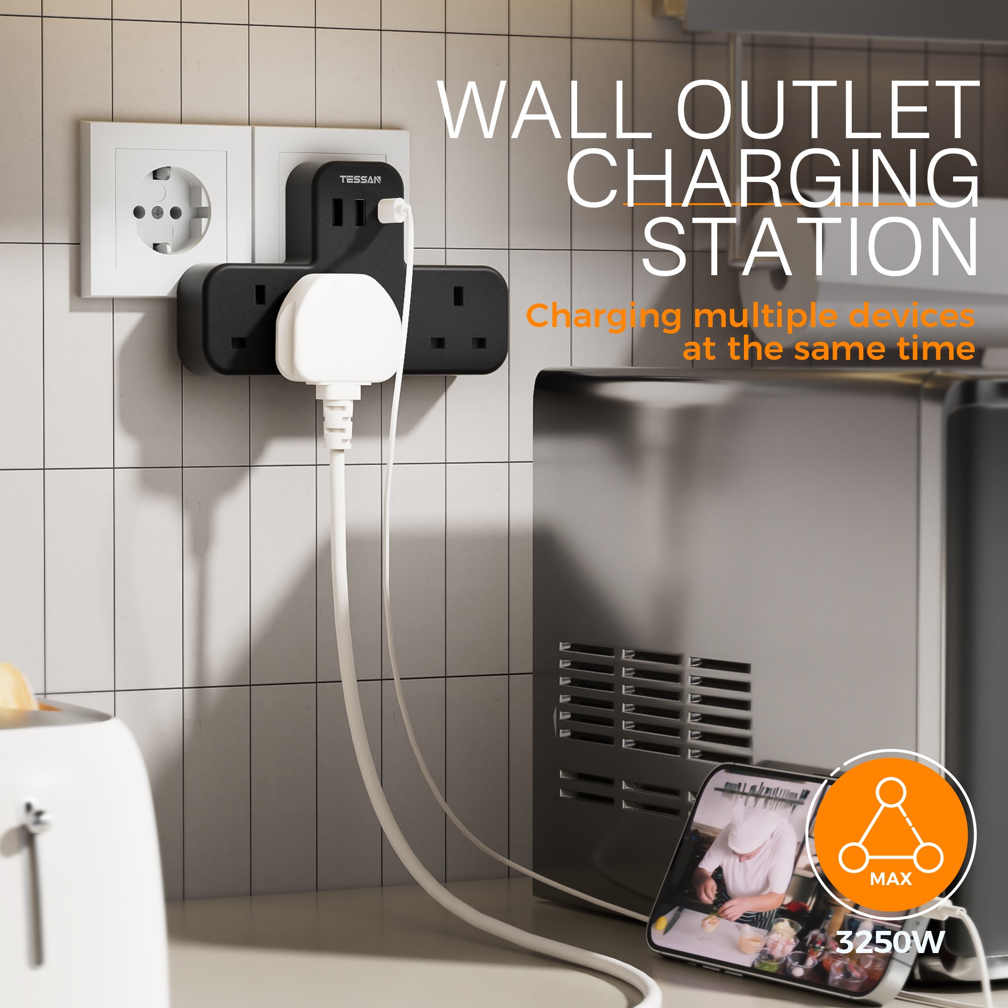 TESSAN - Safety Mark Extension Wall Plug with 3 AC Outlets , 2 USB-A and 1 USB-C Ports Black