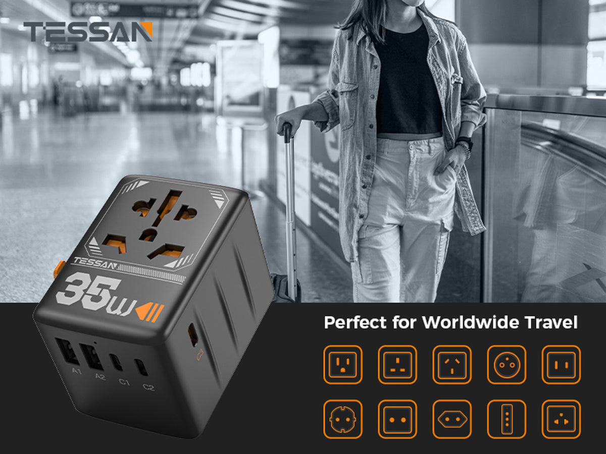 TESSAN - Universal 35W Travel Adaptor with 3 USB C & 2 USB Charging Ports