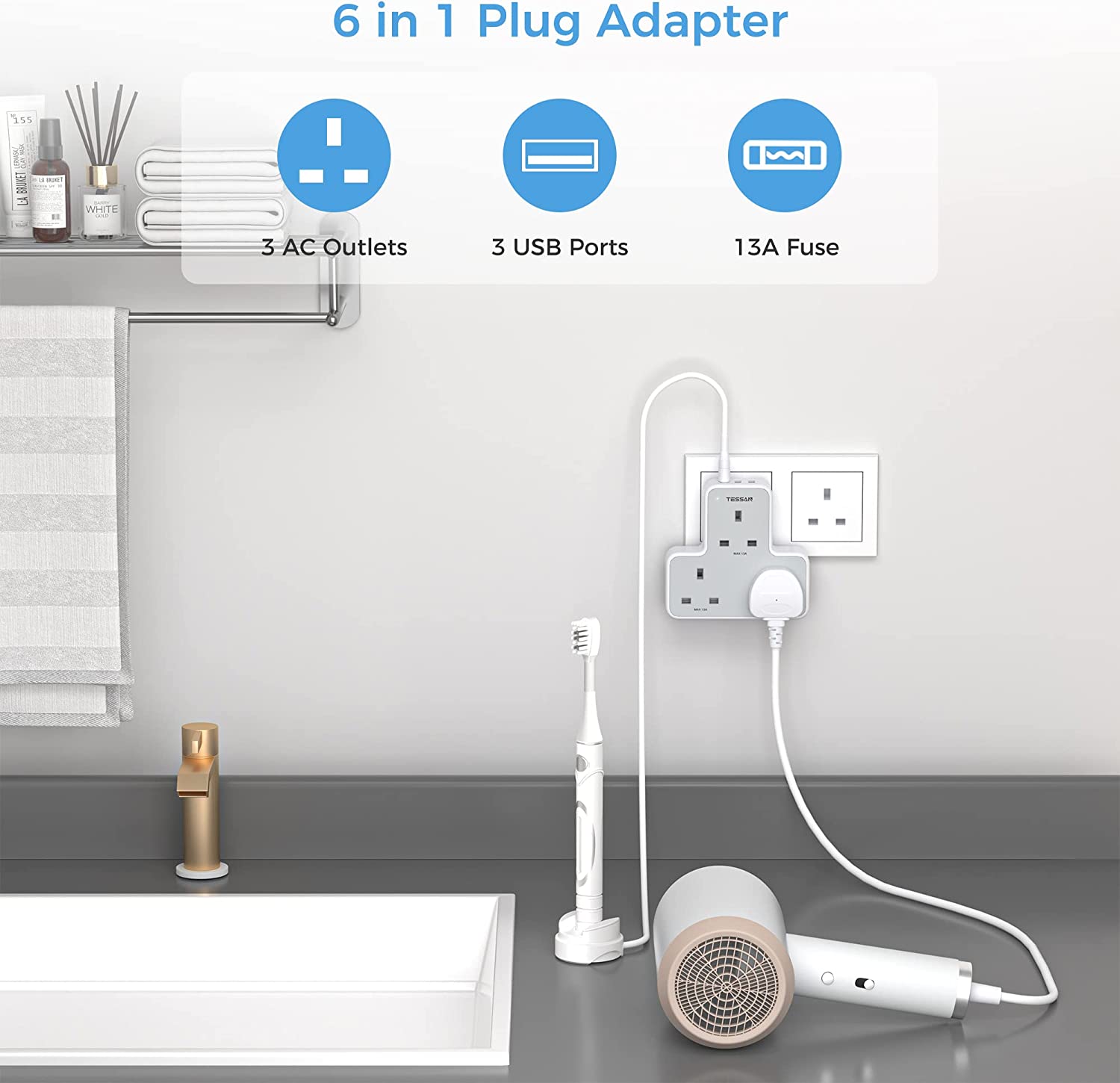 TESSAN - 3 AC Wall Socket Outlet Multi Plug Extension Wall Adapter with 3 USB Ports / TS-226