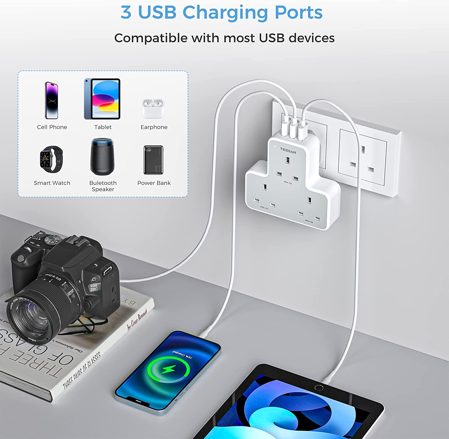 TESSAN - 3 AC Wall Socket Outlet Multi Plug Extension Wall Adapter with 3 USB Ports / TS-226
