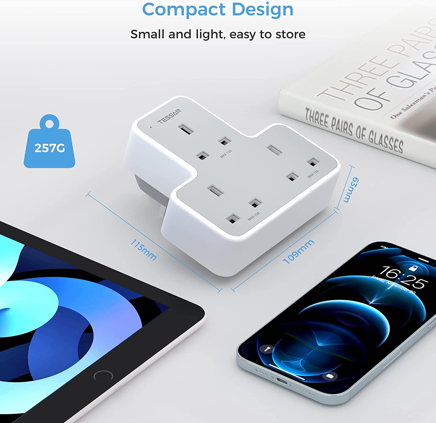 TESSAN - 3 AC Wall Socket Outlet Multi Plug Extension Wall Adapter with 3 USB Ports / TS-226