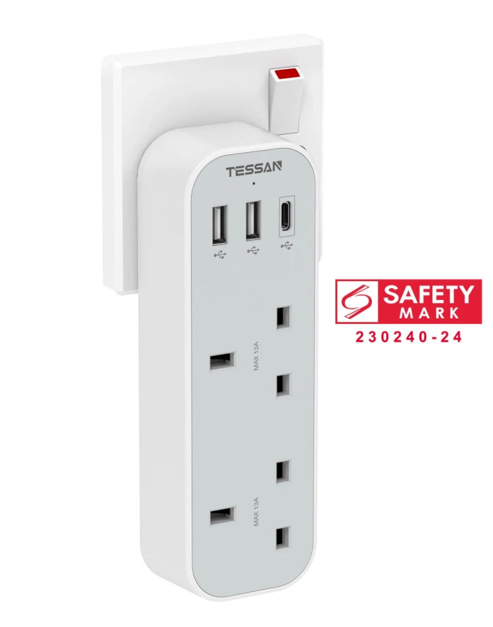 TESSAN - Vertical Socket Extension Double Plug Adaptor with 3 USB Slots , White
