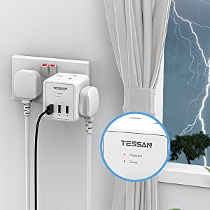 TESSAN - 5 in 1 Cube Wall Plug Extension with 2 AC Sockets and 3 USB Ports , Black